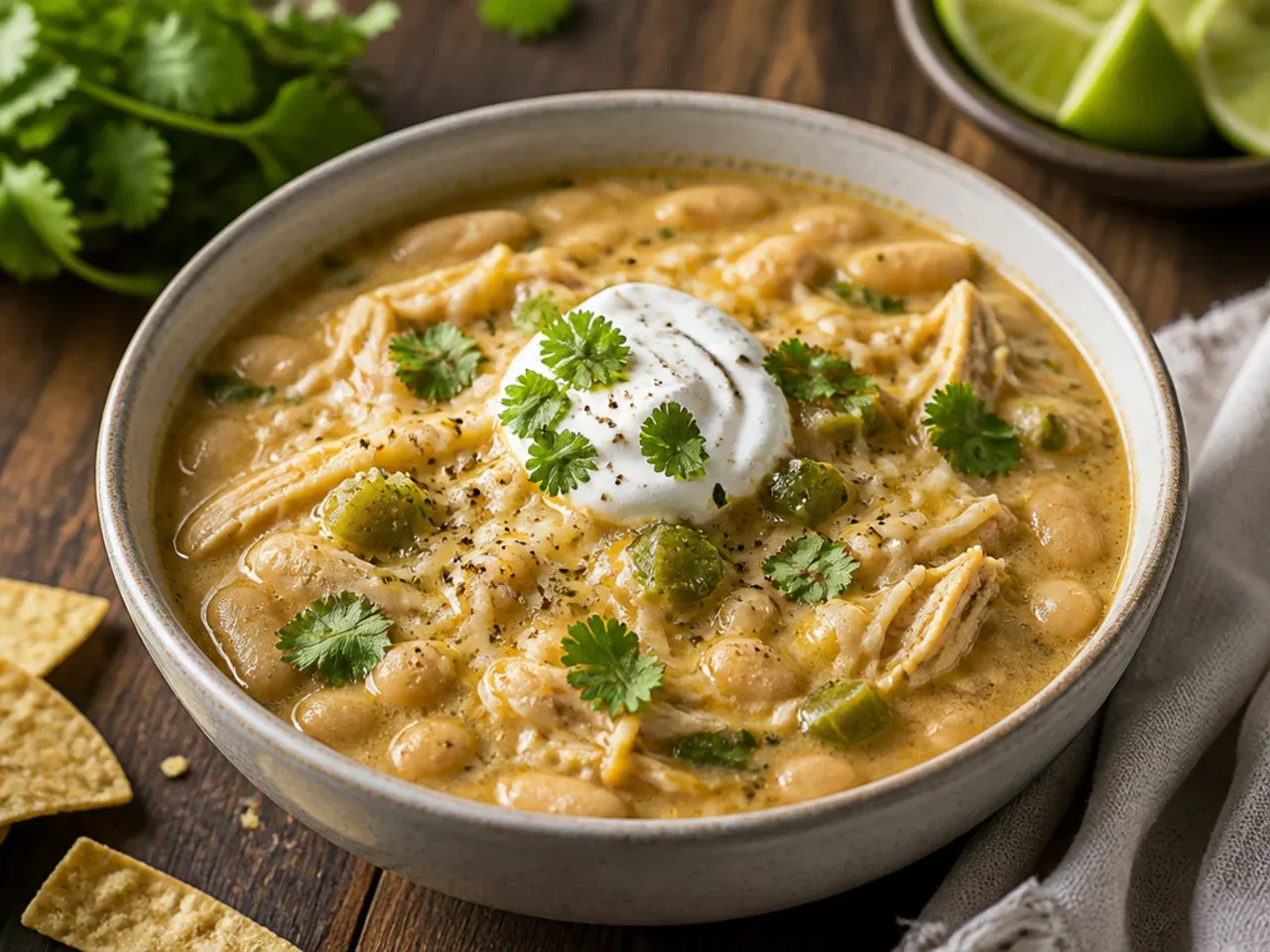 Bowl of cheesy white bean chicken chili topped with melted pepper jack