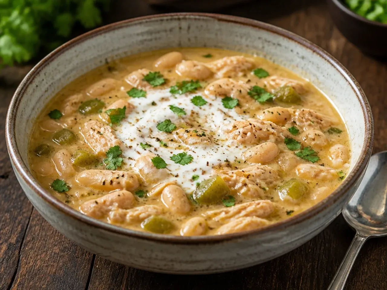 White bean chicken chili made with tender shredded chicken thighs