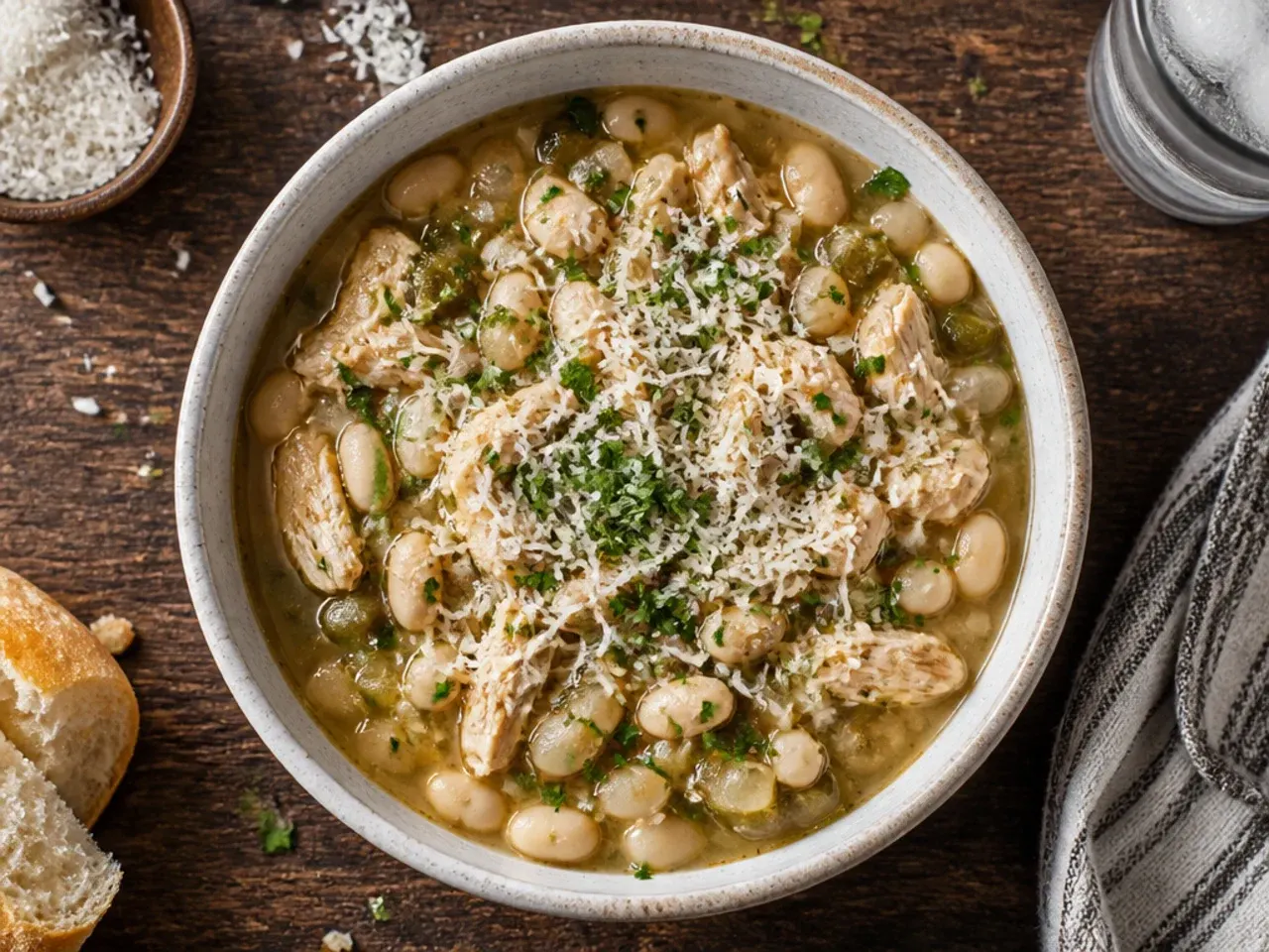 Budget-friendly white bean chicken chili made with canned chicken