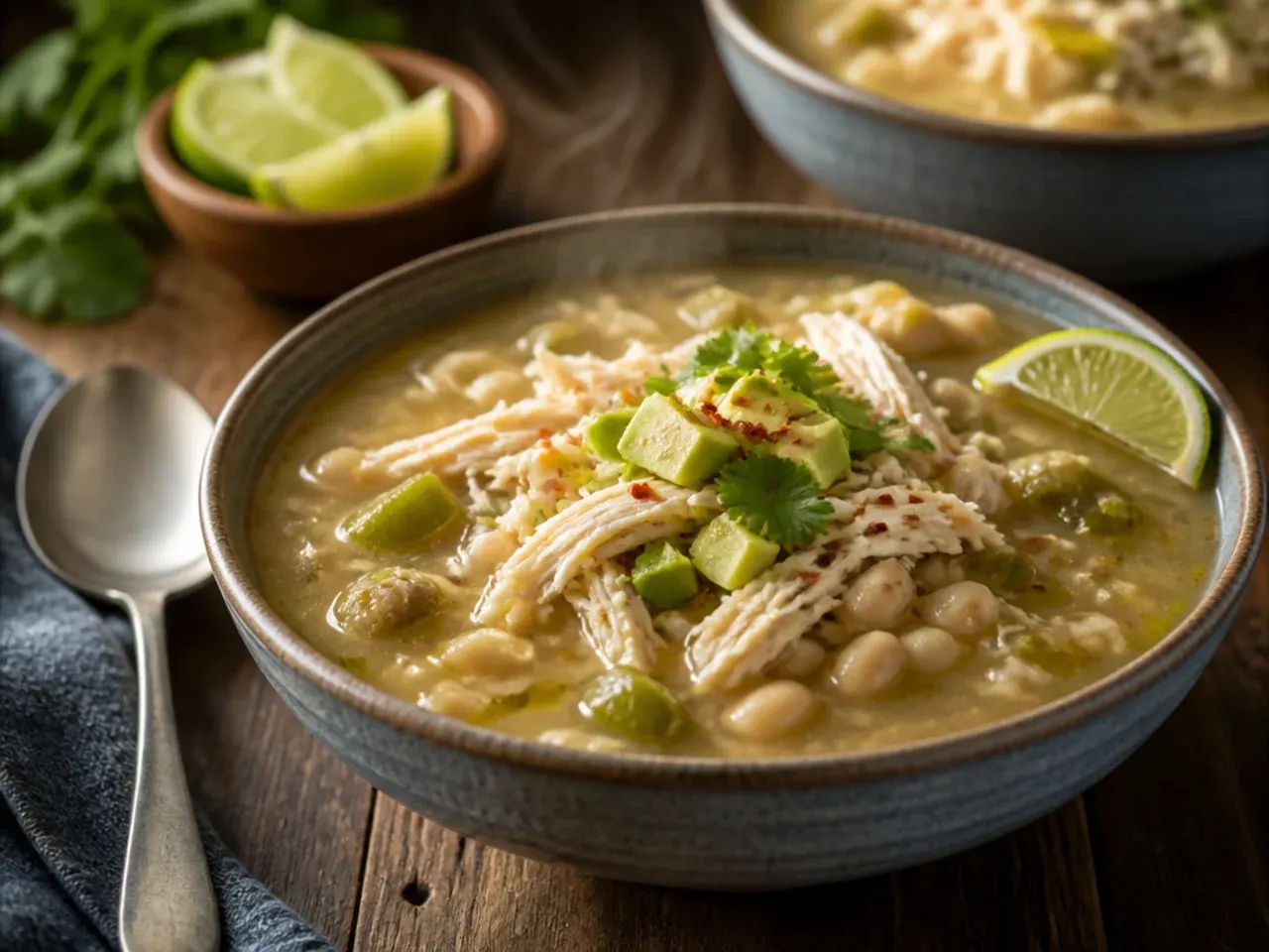 Instant Pot open to reveal finished white bean chicken chili