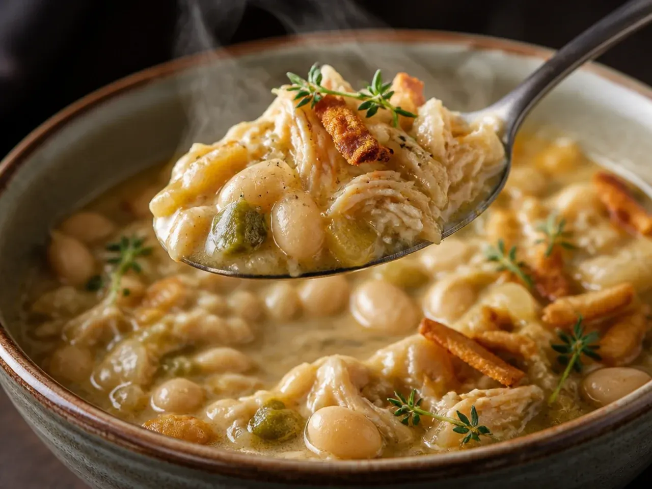 Rustic bowl of white bean chicken chili thickened with mashed beans