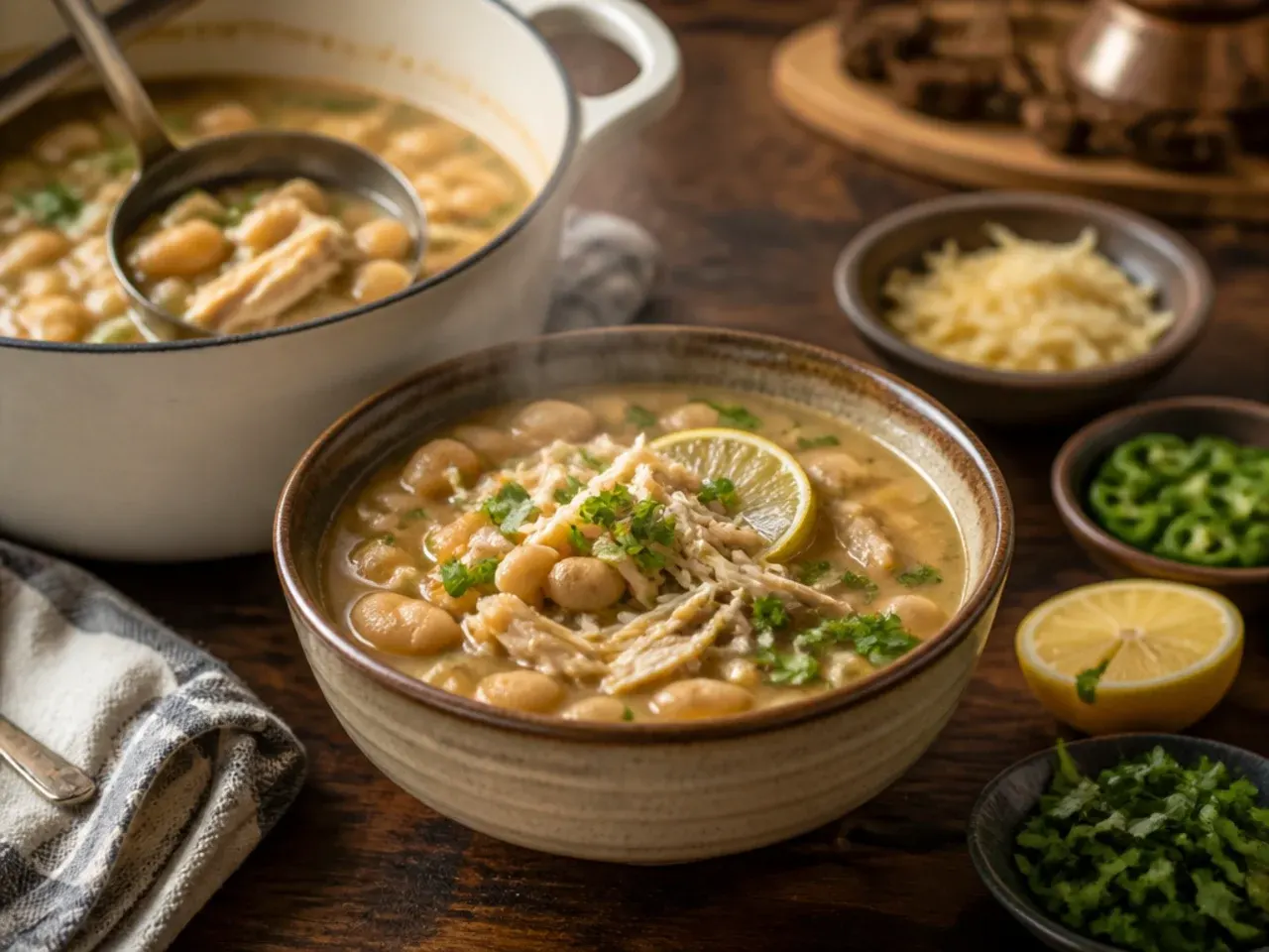 Loaded white bean chicken chili toppings bar with small bowls of garnishes