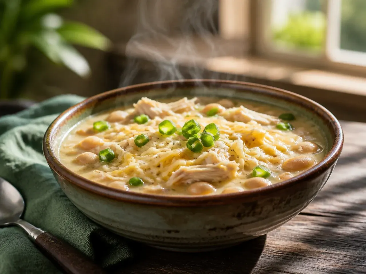 Large stockpot of family-size white bean chicken chili
