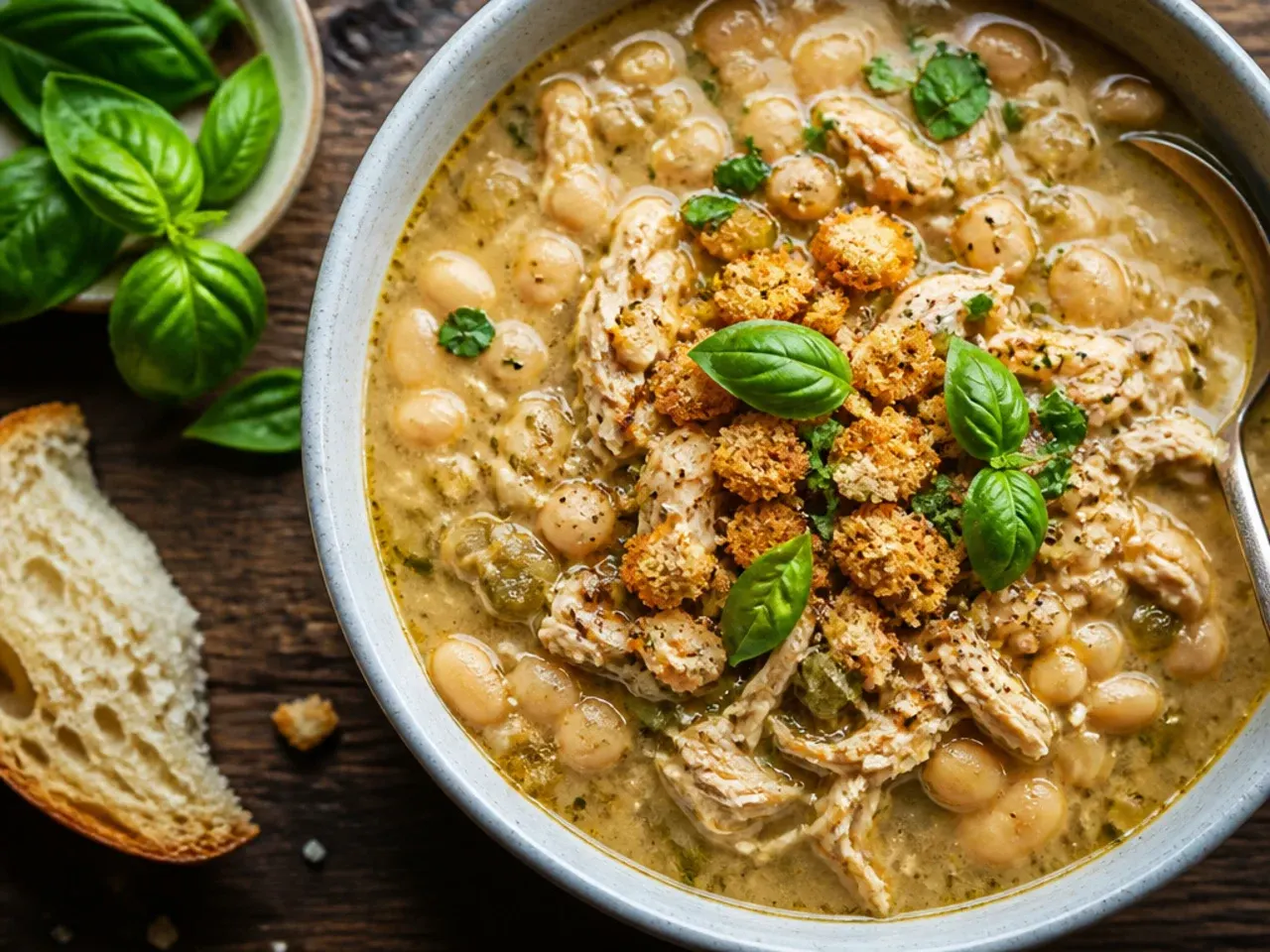 Best-ever white bean chicken chili garnished with cheese and lime