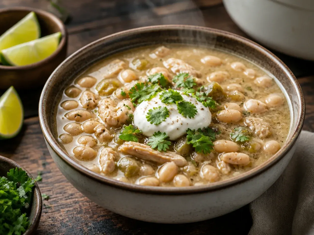 Dutch oven filled with one-pot white bean chicken chili