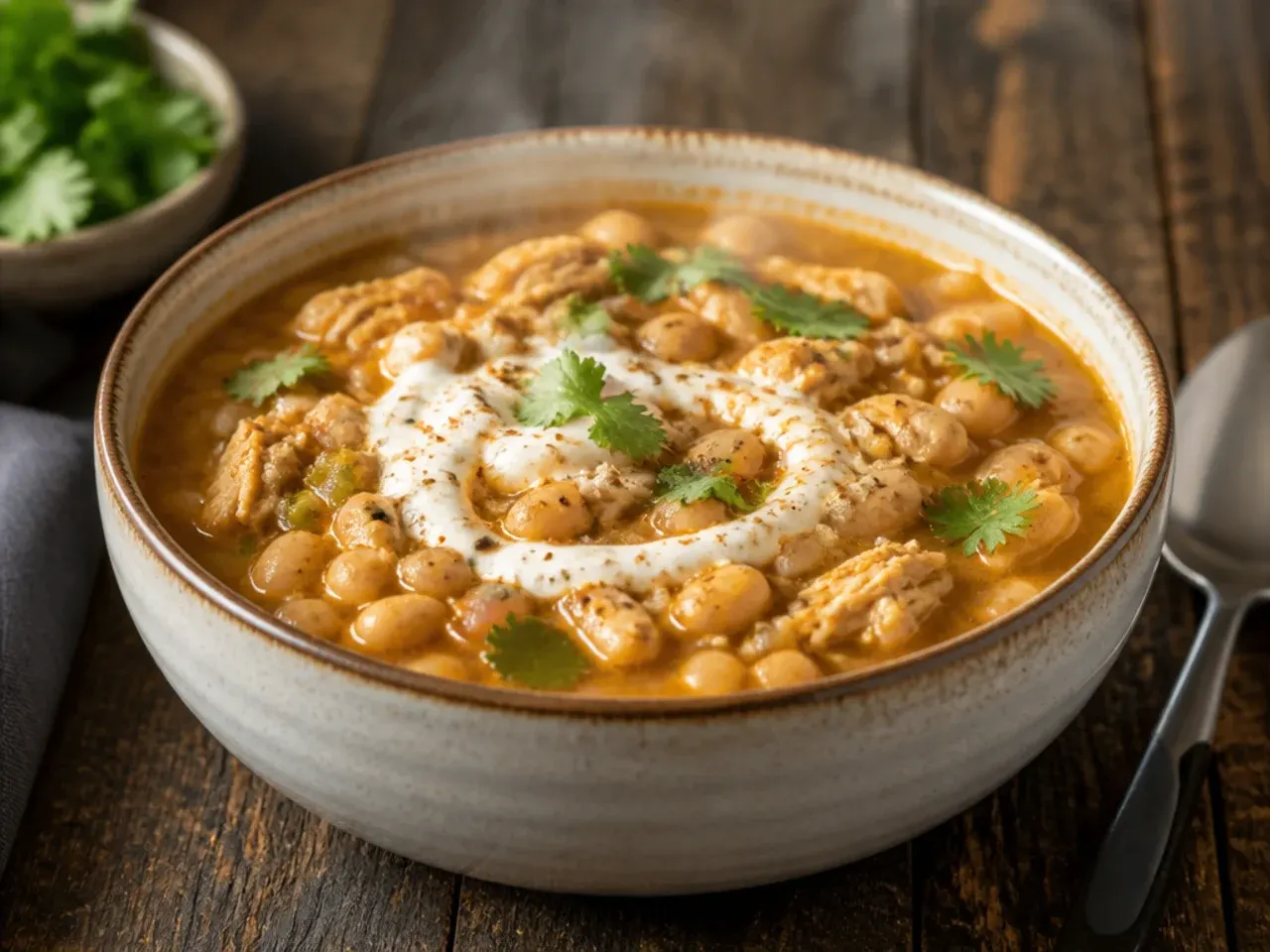 Smoky chipotle white bean chicken chili in a dark bowl