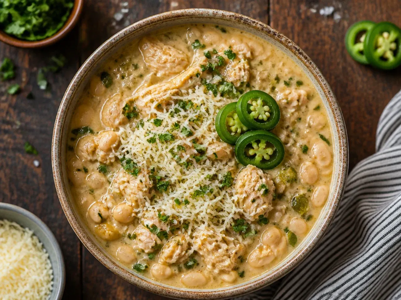 Spicy white bean chicken chili topped with sliced fresh jalapeño