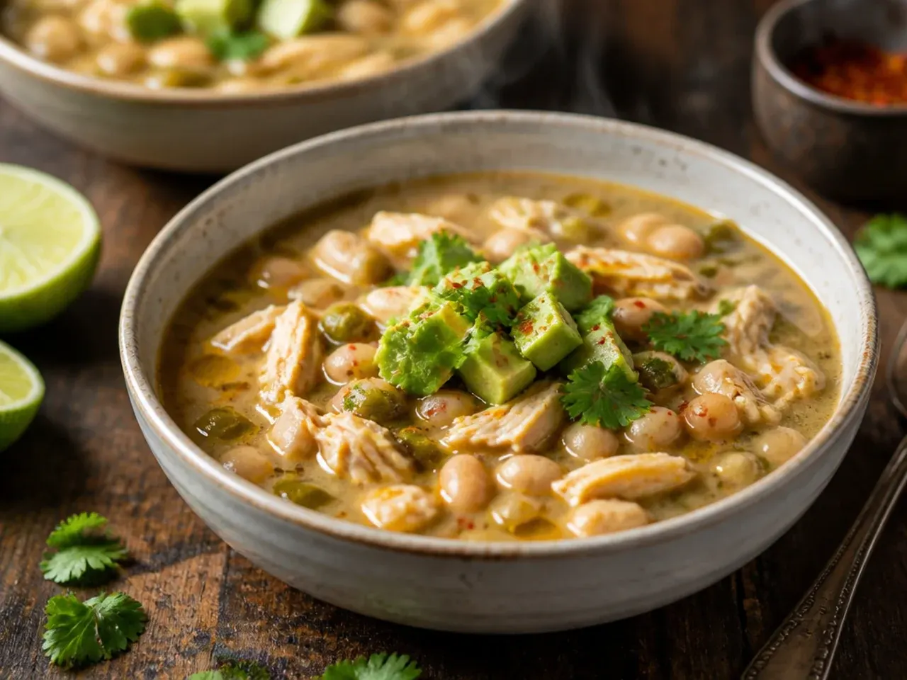 Green chile verde white bean chicken chili garnished with cilantro