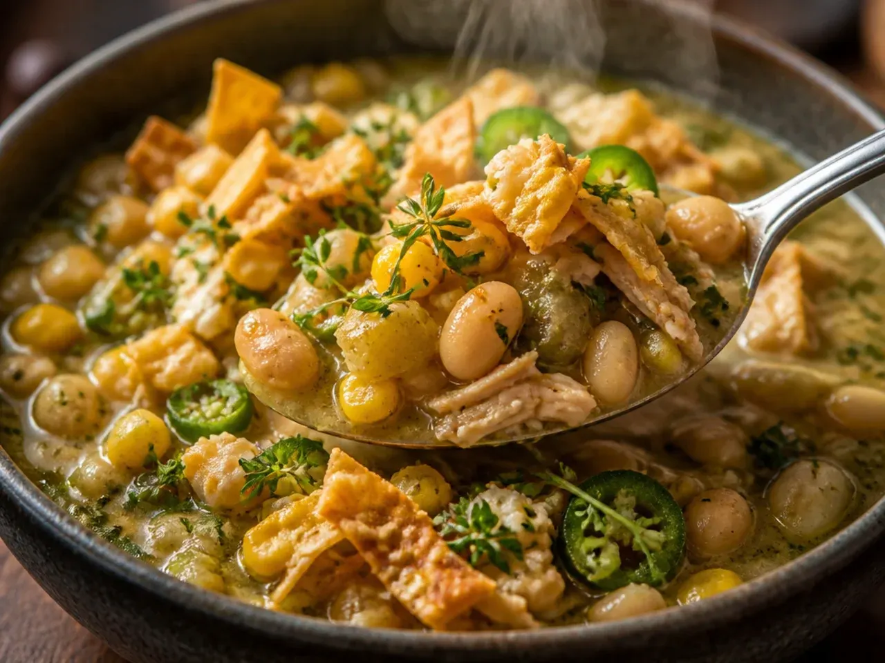 White bean chicken chili with roasted poblano peppers and charred corn