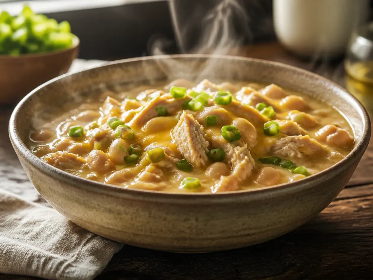 Extra-creamy, thick white bean chicken chili made with masa harina