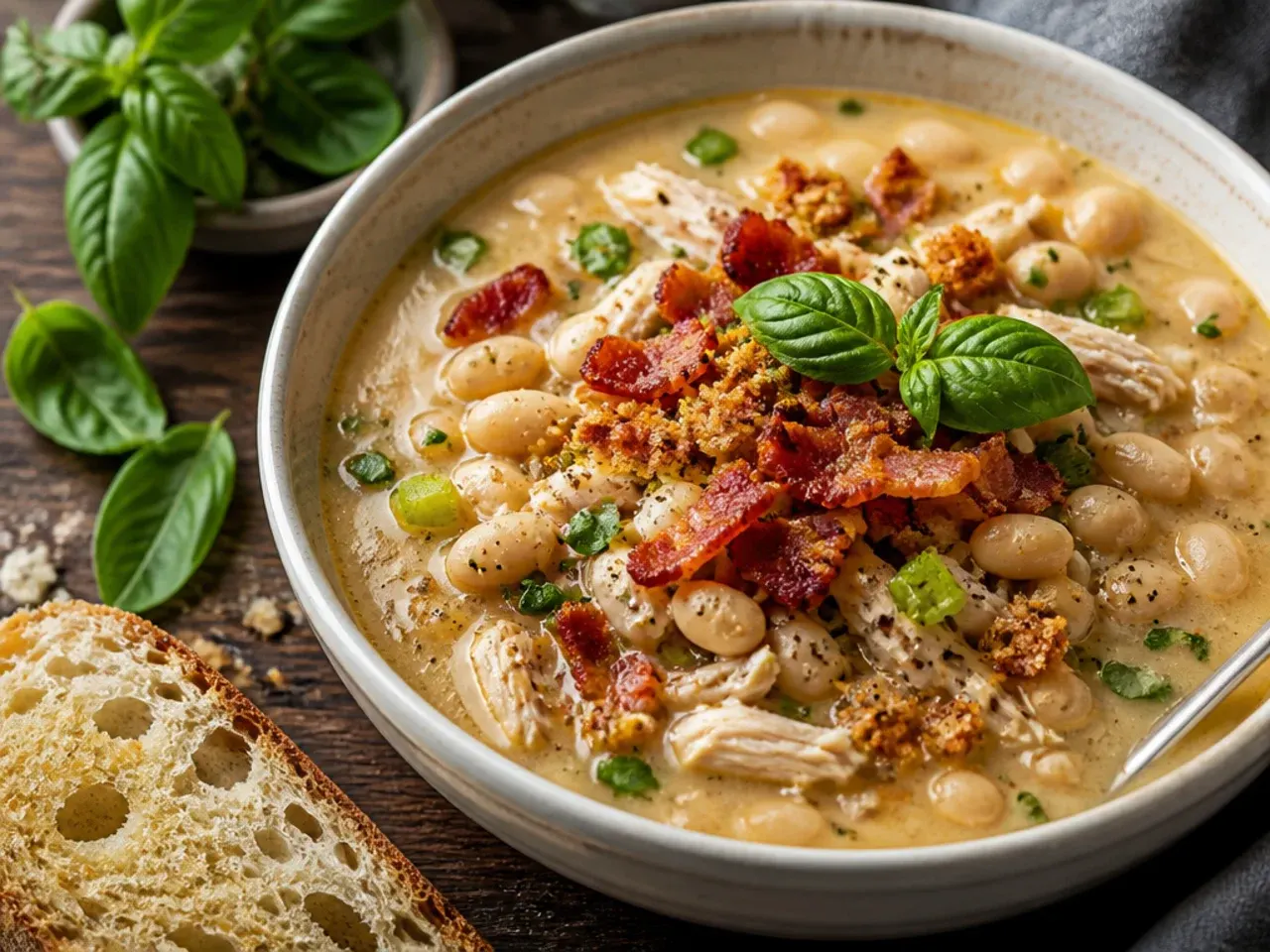 White bean chicken chili topped with crispy bacon pieces