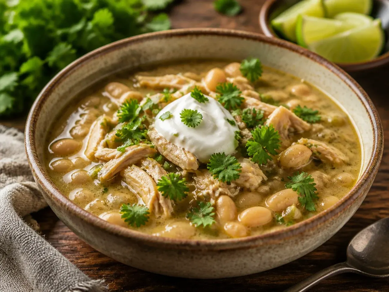 Bowl of slow-simmered salsa verde white bean chicken chili topped with a swirl of crema and toasted pepitas