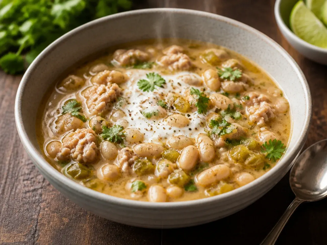 White bean chili made with browned ground chicken