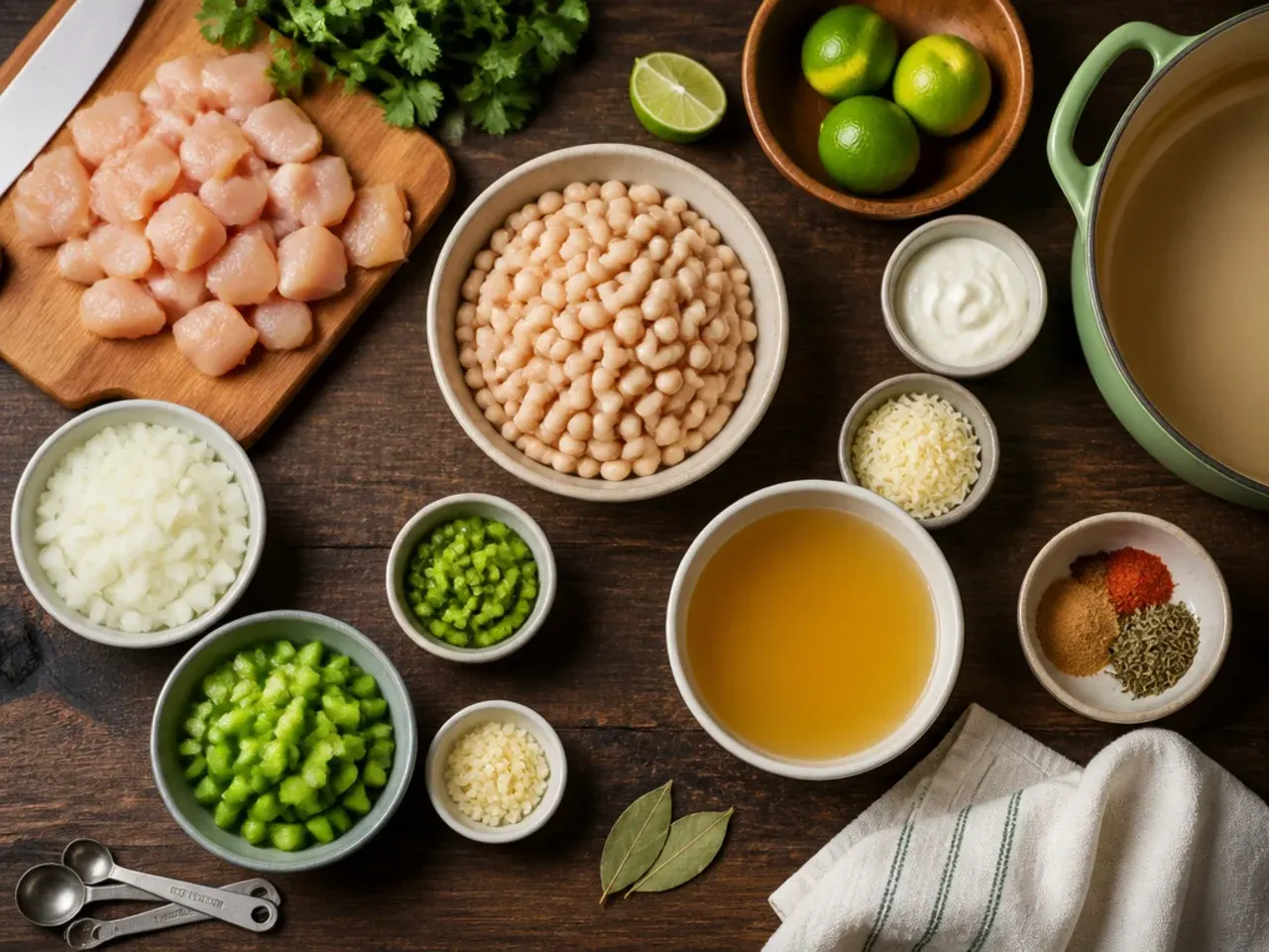 Close-up of hands stirring spices into white bean chicken chili