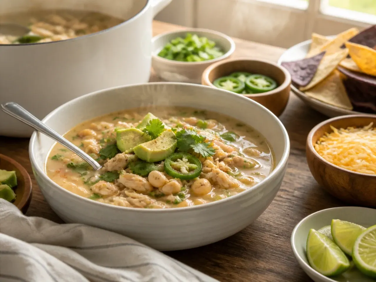 White bean chicken chili served with tortilla chips and a side salad
