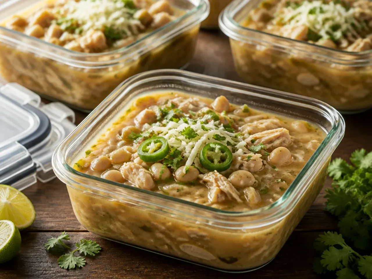 Airtight containers of white bean chicken chili ready for the fridge or freezer