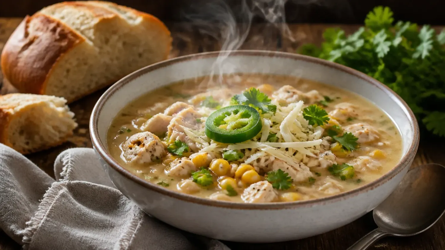 Overhead shot of creamy white chicken chili instant pot recipe topped with avocado, lime and coriander