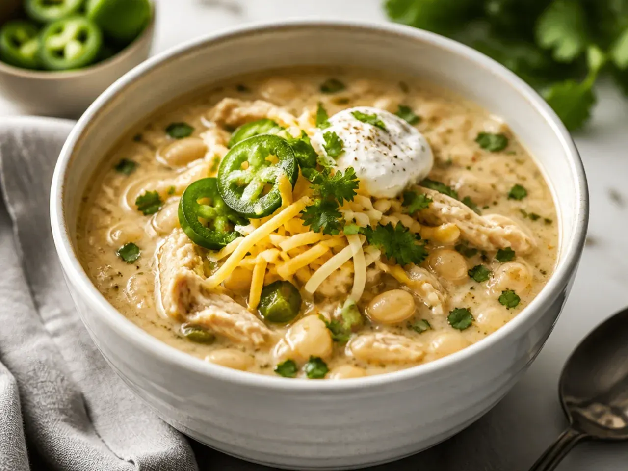 Steaming bowl of white chicken chili instant pot recipe topped with avocado and lime