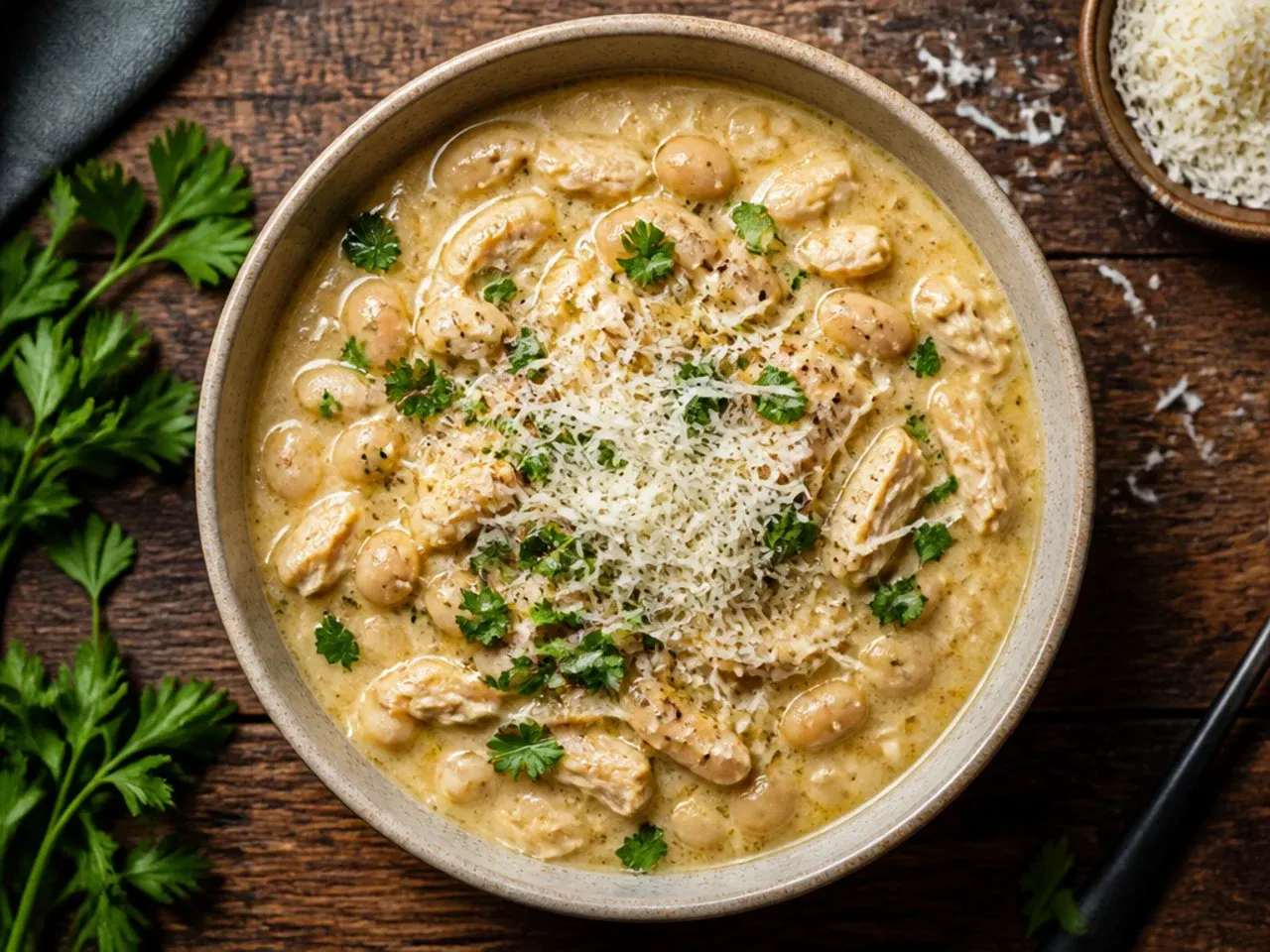 Classic white chicken chili with shredded chicken and white beans in a bowl