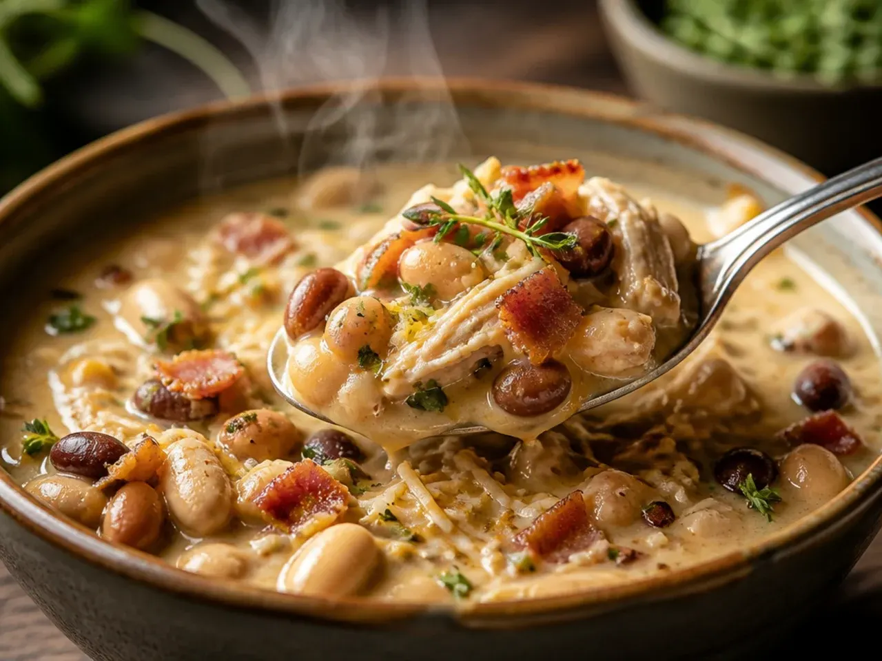 Hearty white chicken chili with crispy bacon and two kinds of beans