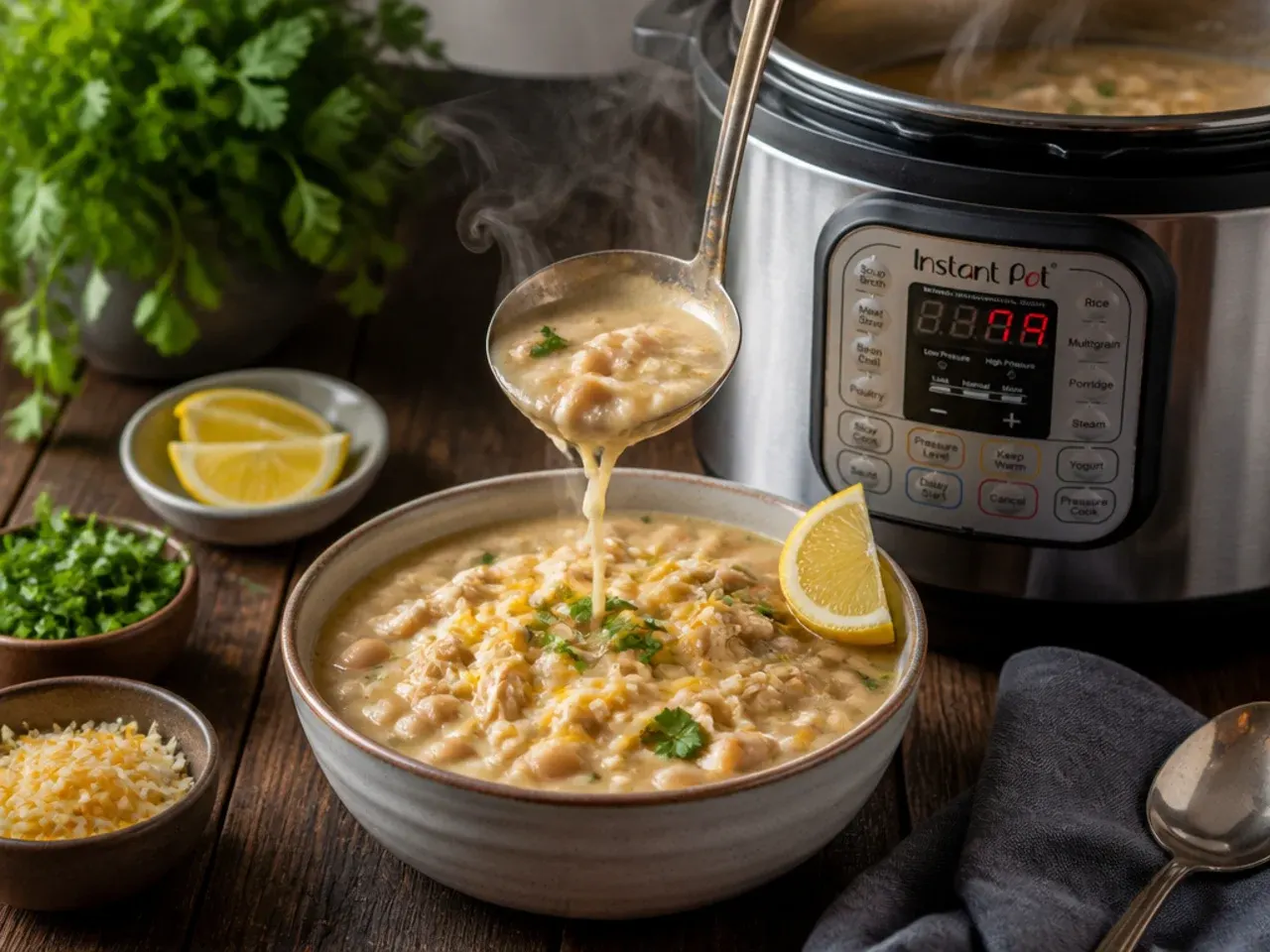 Creamy coconut milk white chicken chili garnished with fresh coriander