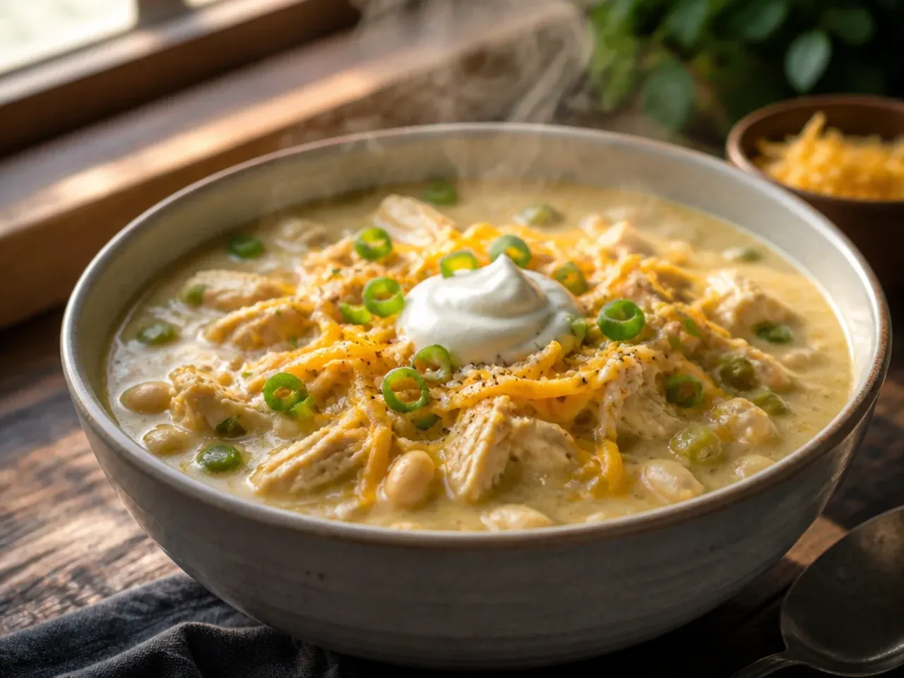 Extra-creamy white chicken chili swirled with soured cream
