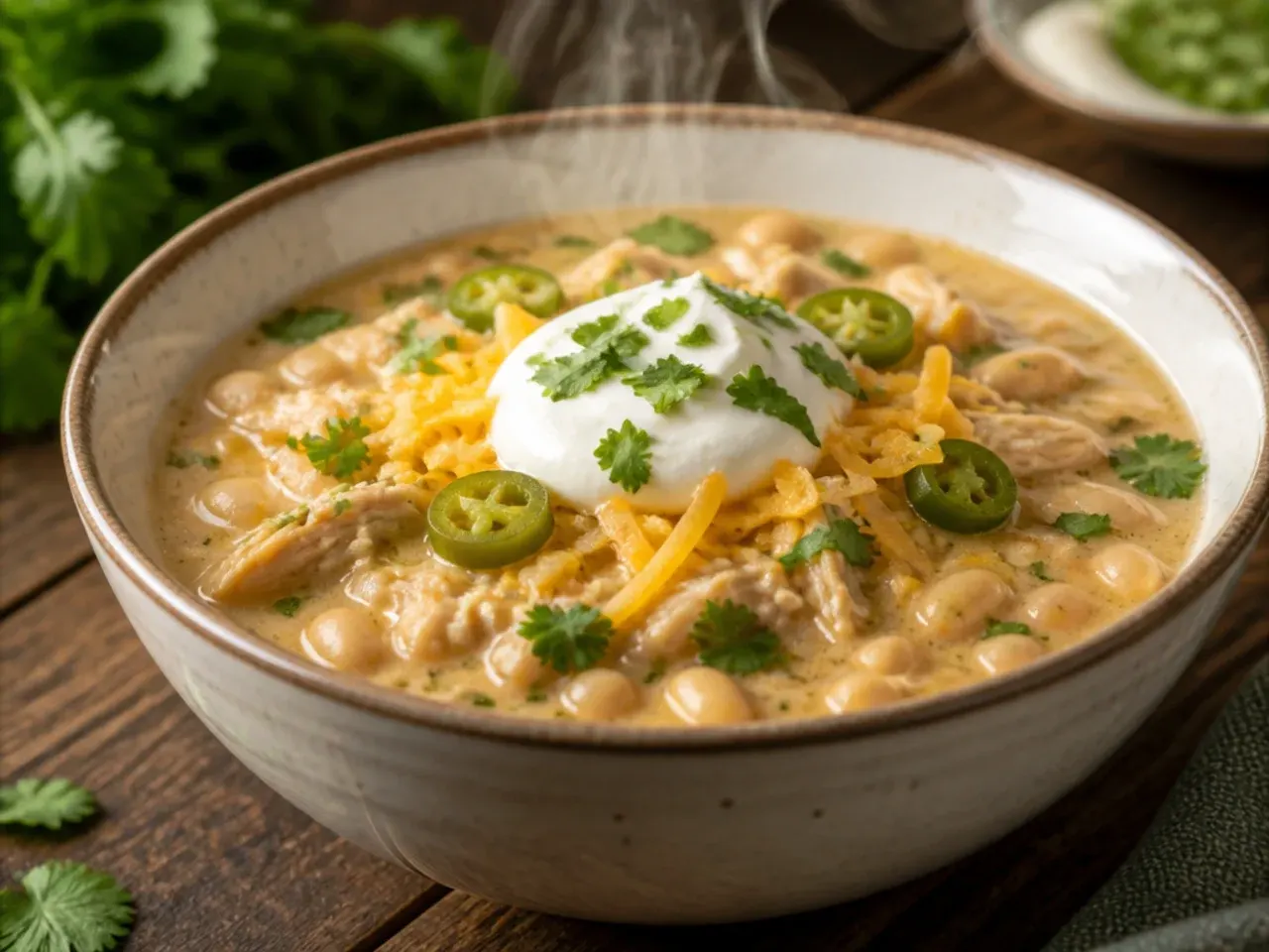 Cheesy white chicken chili topped with melted pepper jack cheese