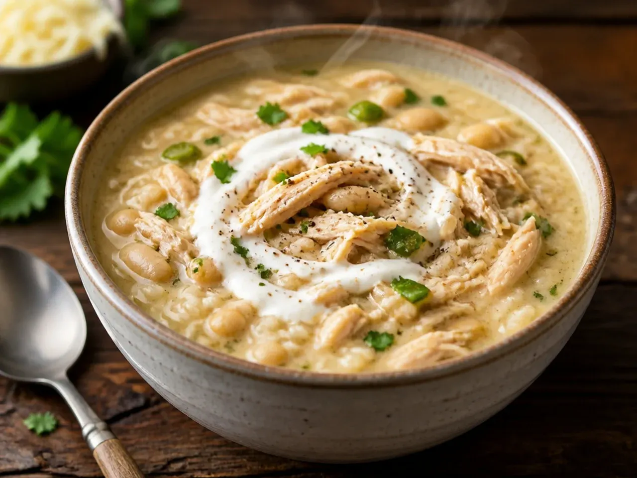 Comforting white chicken chili and rice bowl with a spoon