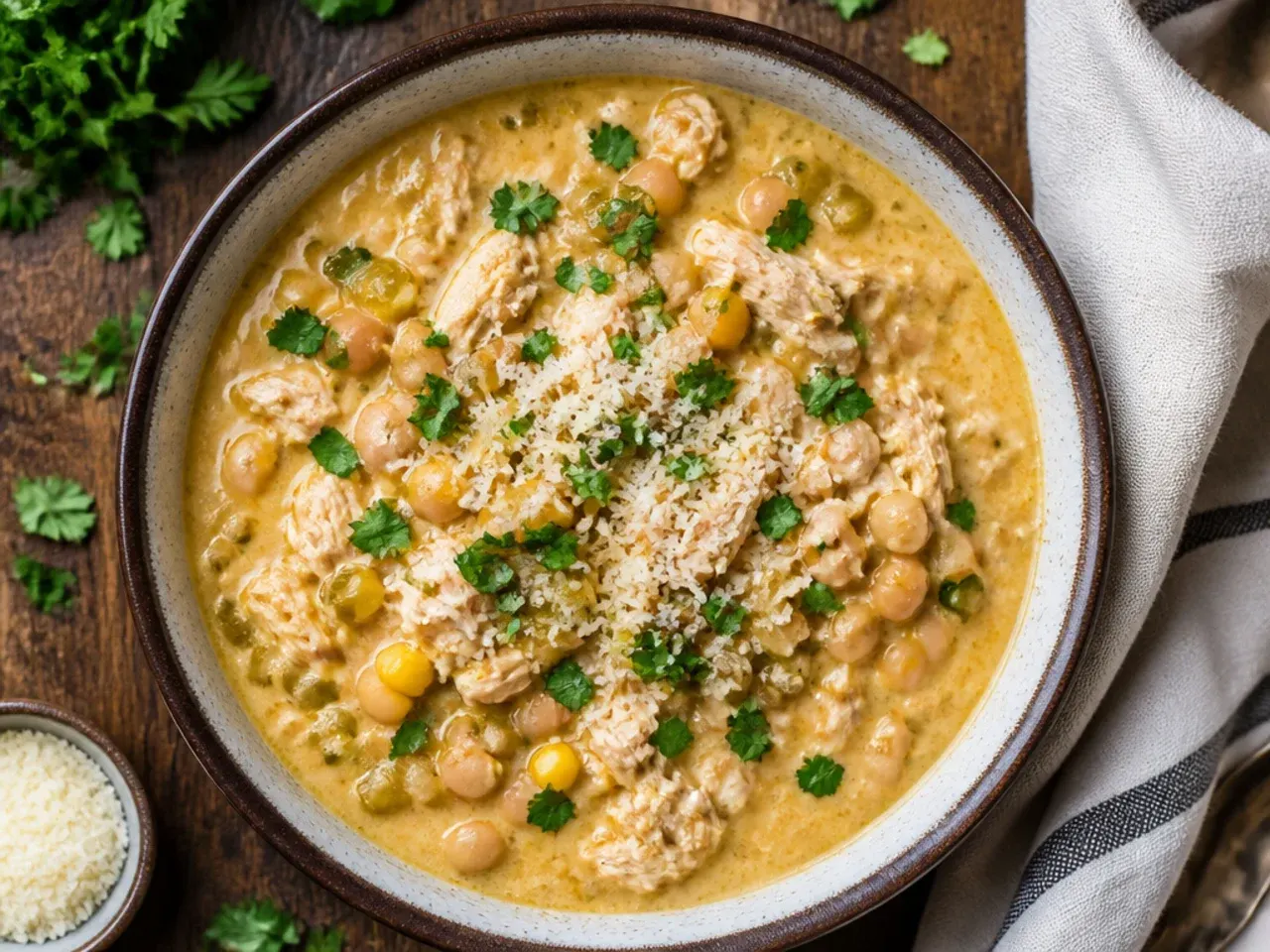 Budget-friendly white chicken chili made with shredded rotisserie chicken