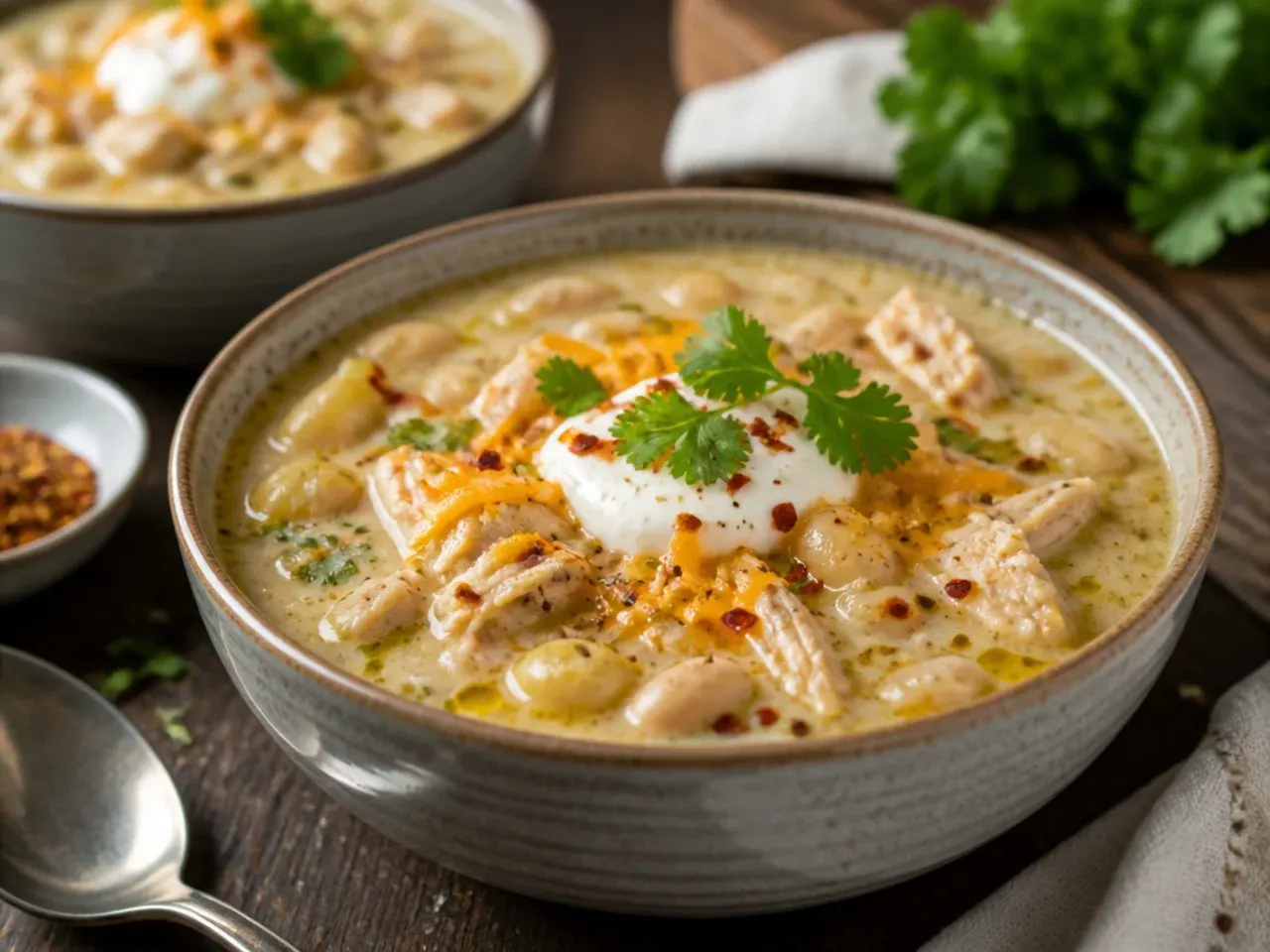 White chicken chili made from frozen chicken breasts in an Instant Pot