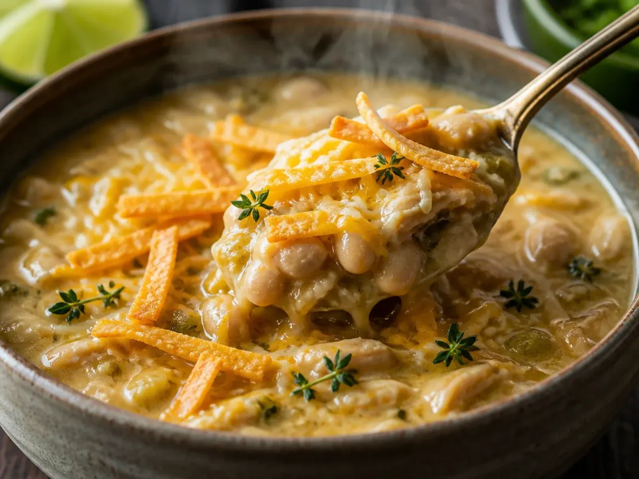 Rustic white chicken chili with charred roasted poblano peppers