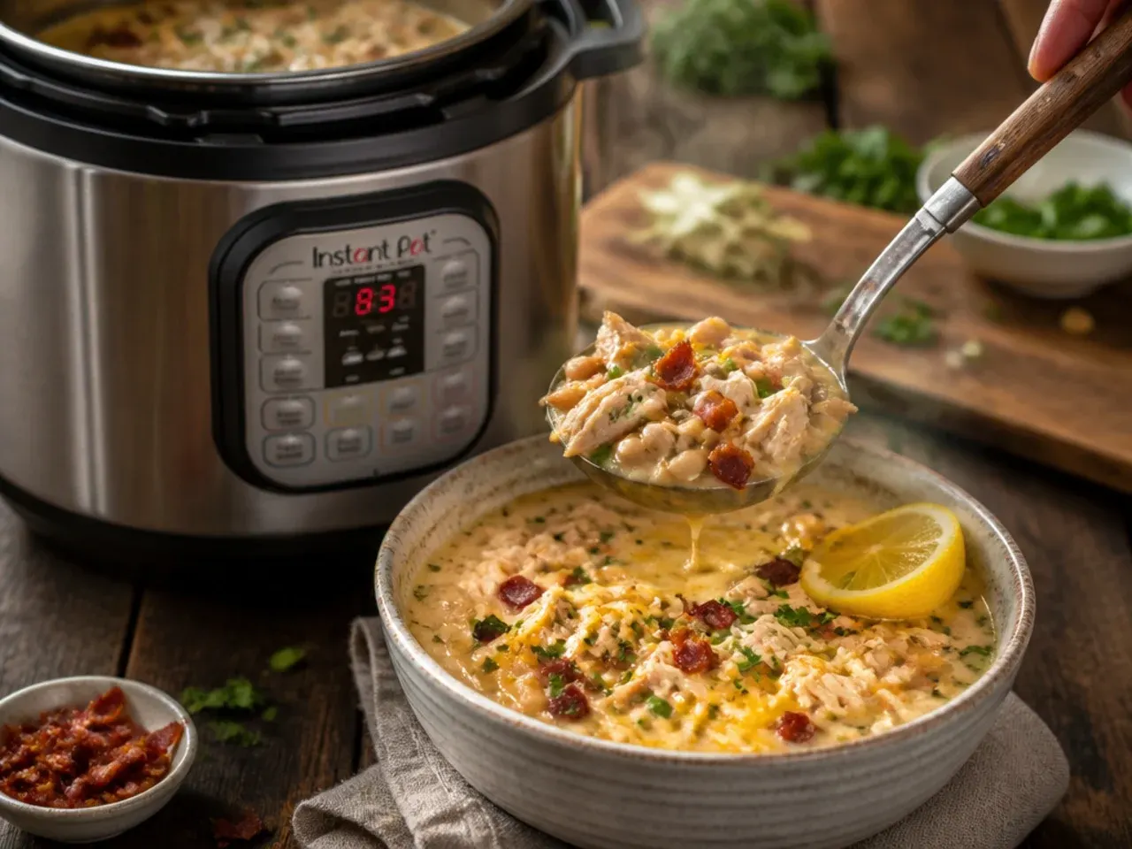 Loaded white chicken chili topped with bacon, cheddar and spring onions