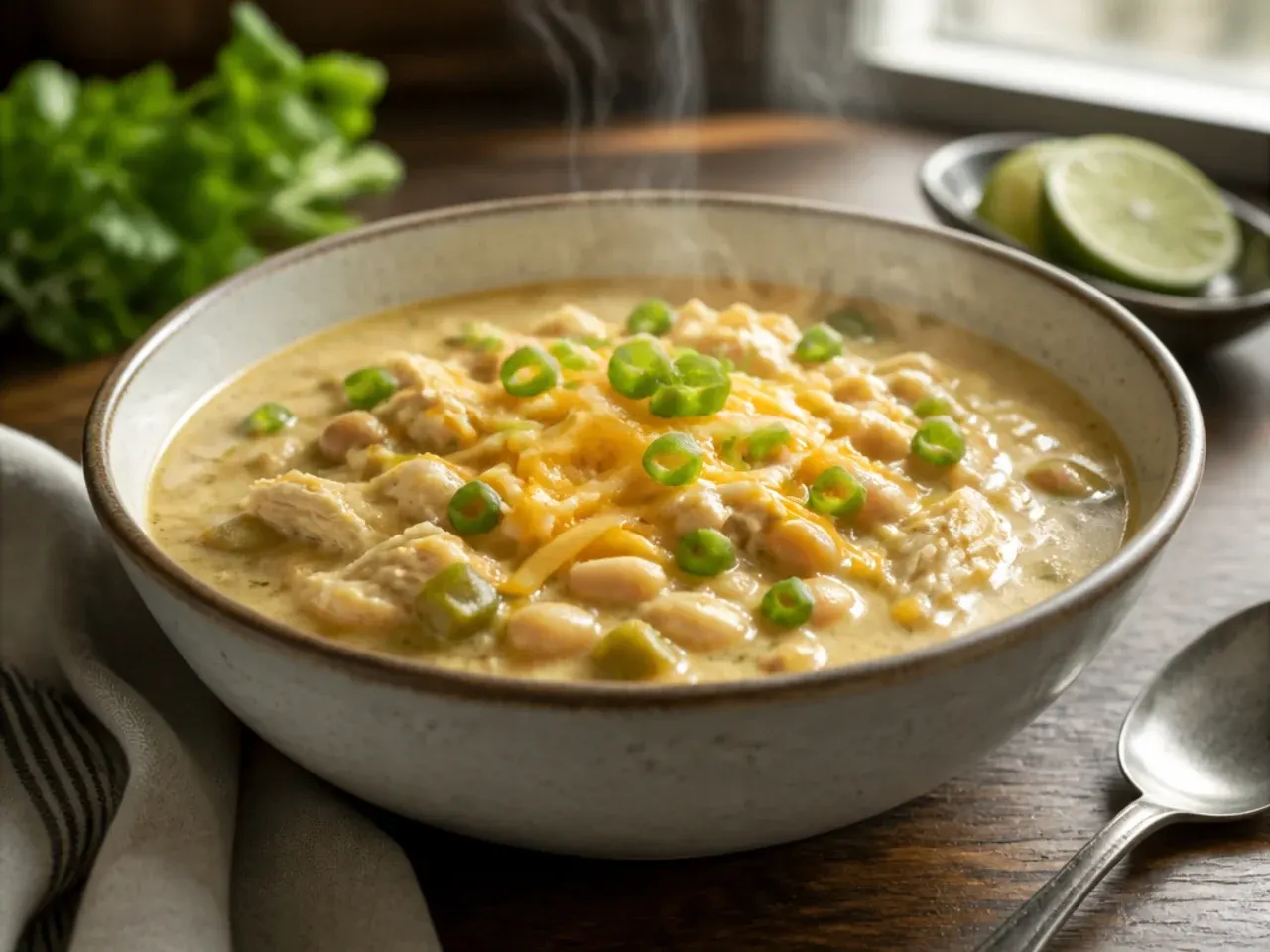 Mild family-style white chicken chili in a bowl with tortilla chips