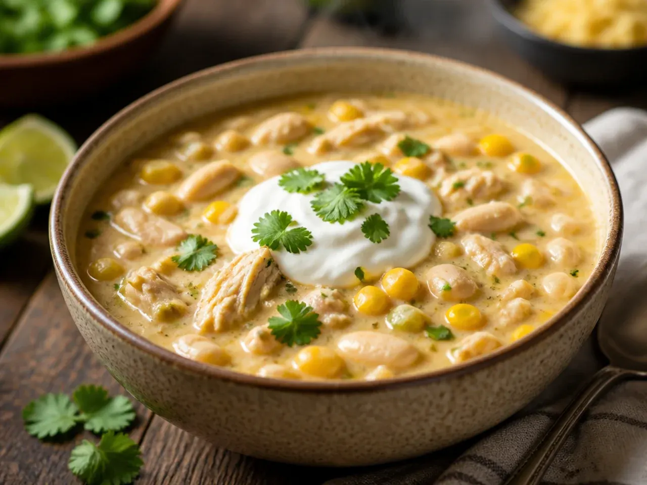 One-pot chicken and corn chowder-style chili with crusty bread