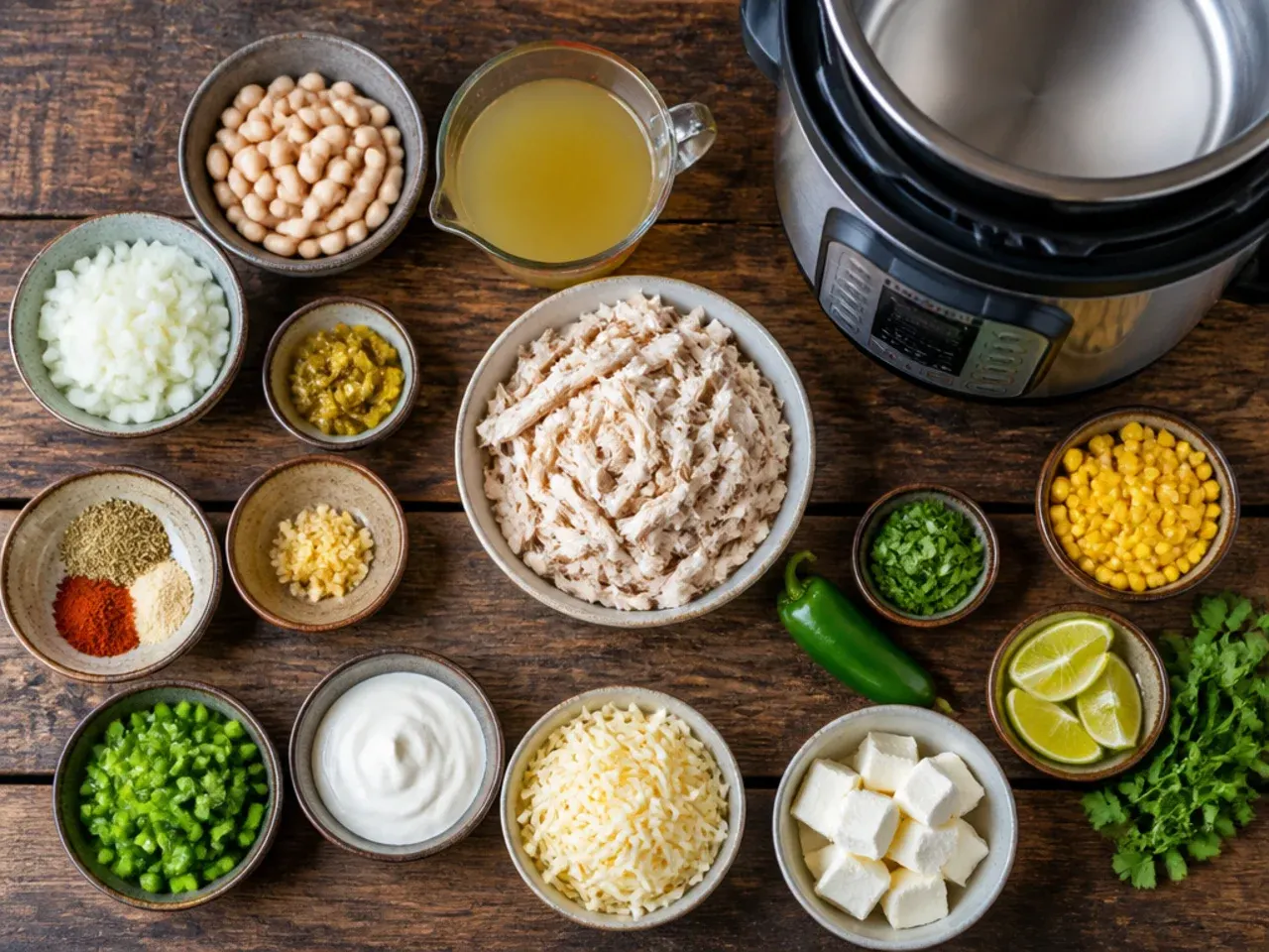Close-up of cream cheese melting into white chicken chili as a pro tip