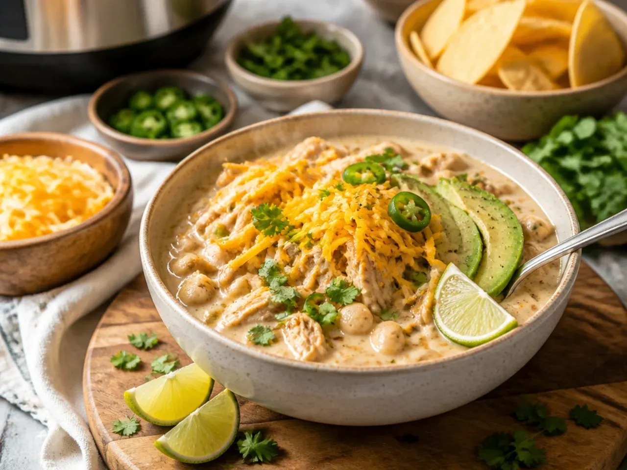 White chicken chili served with cornbread, avocado and lime wedges