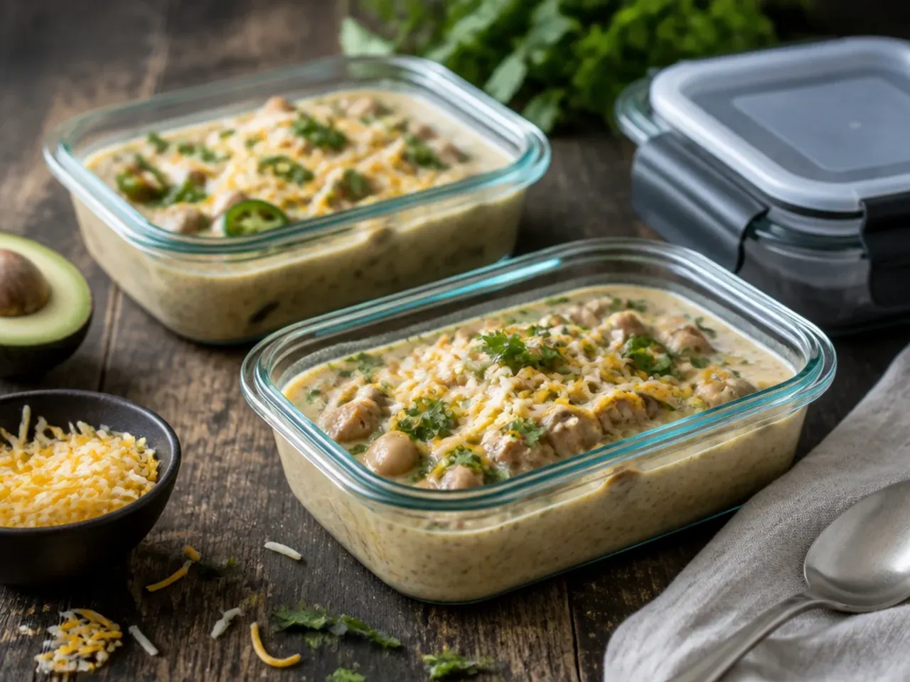 White chicken chili stored in airtight containers for the fridge and freezer