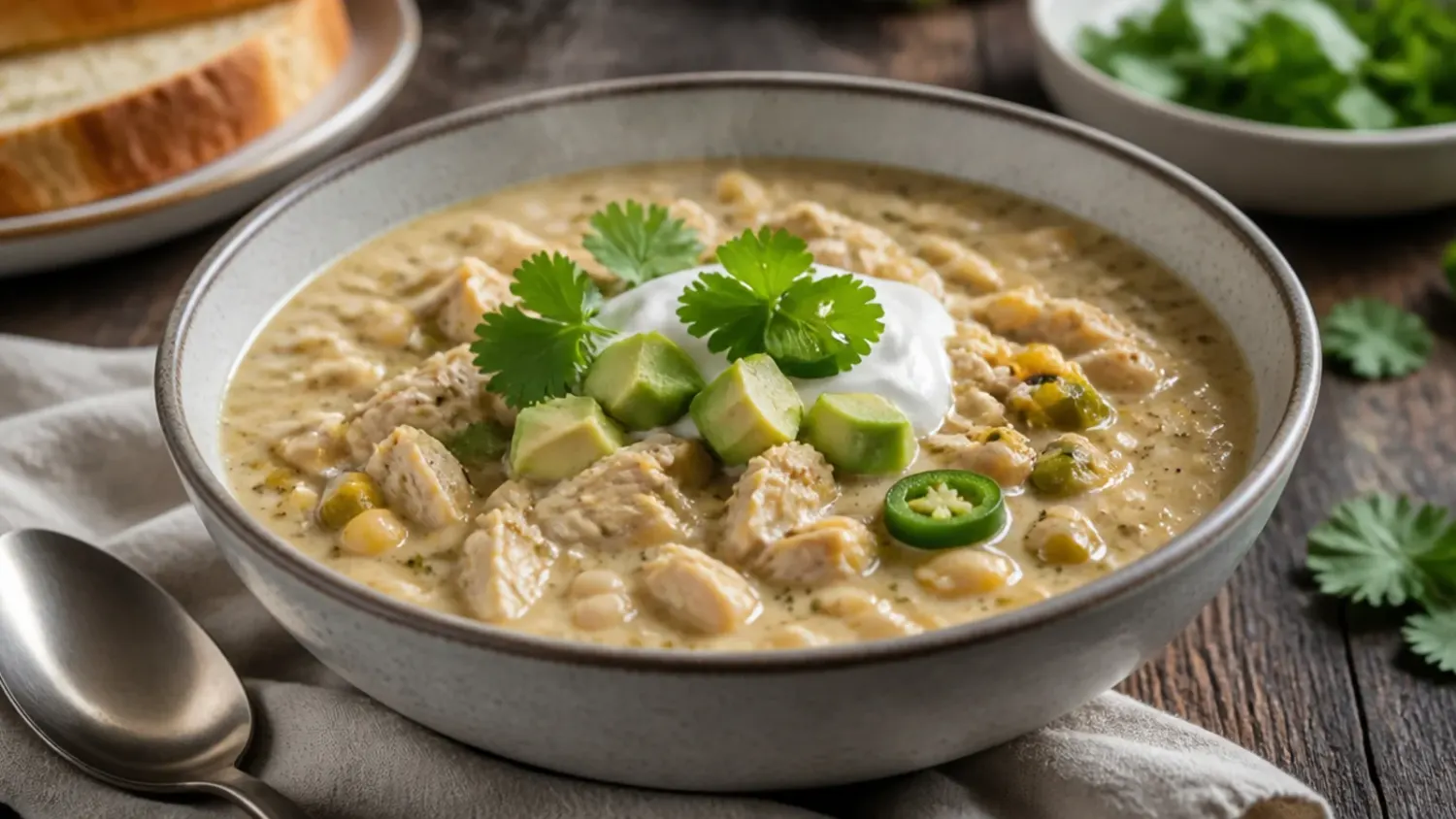 Overhead shot of creamy white chicken chili in a Dutch oven, topped with melted cheese, cilantro, and lime wedges