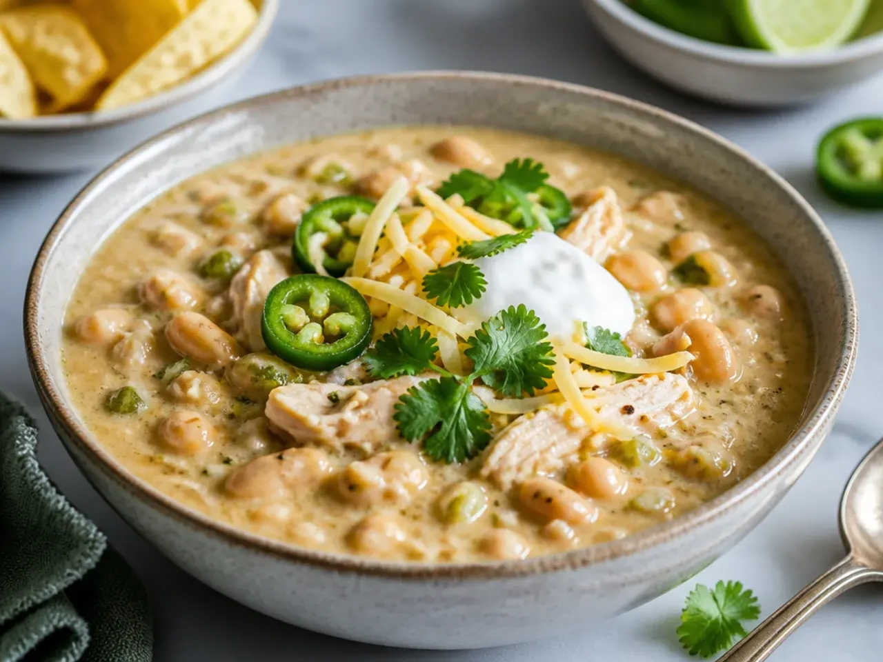 Bowl of creamy white chicken chili topped with cheese, cilantro and a lime wedge