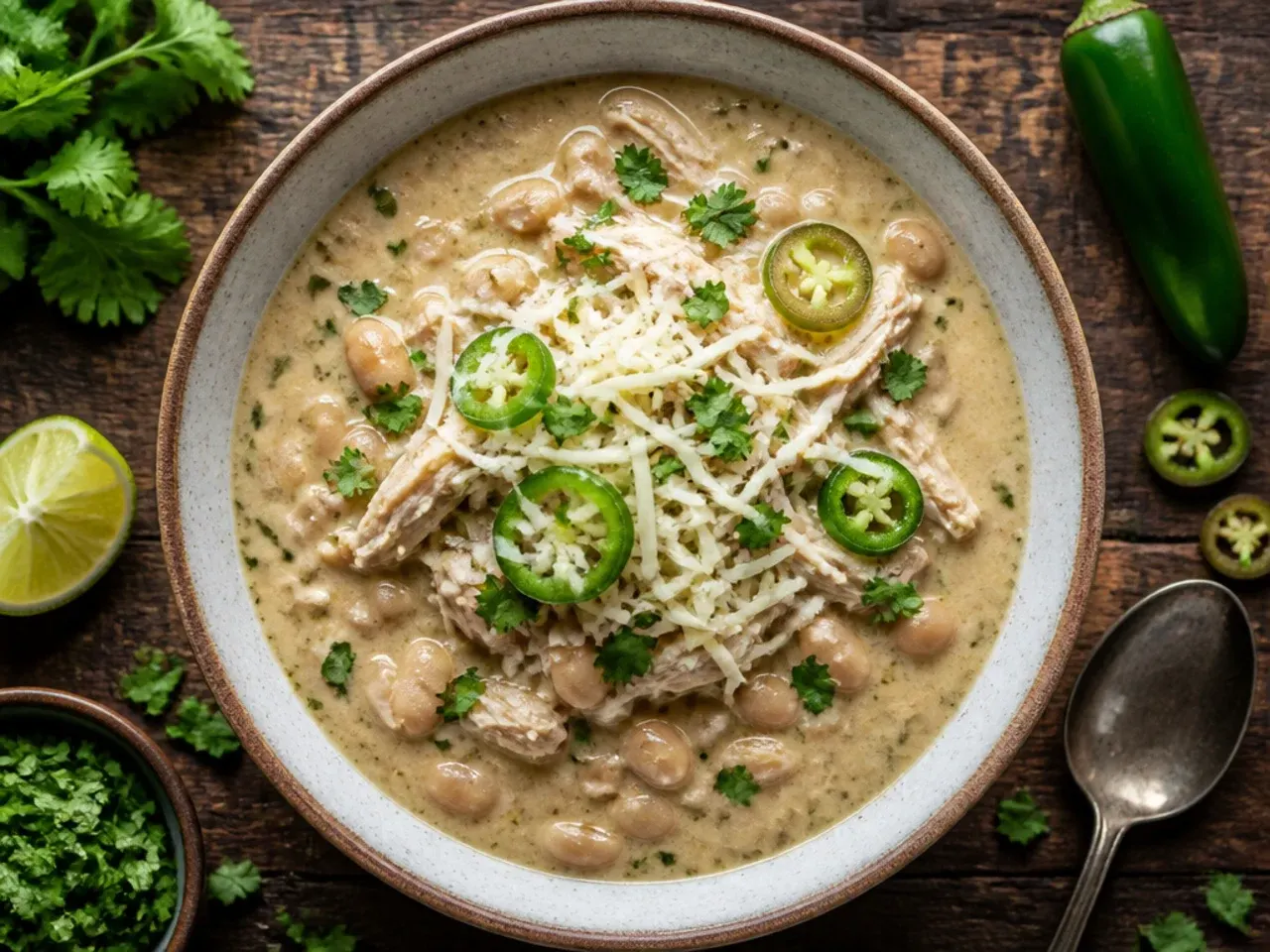 Pot of classic white chicken chili with shredded chicken and cannellini beans simmering on the stove