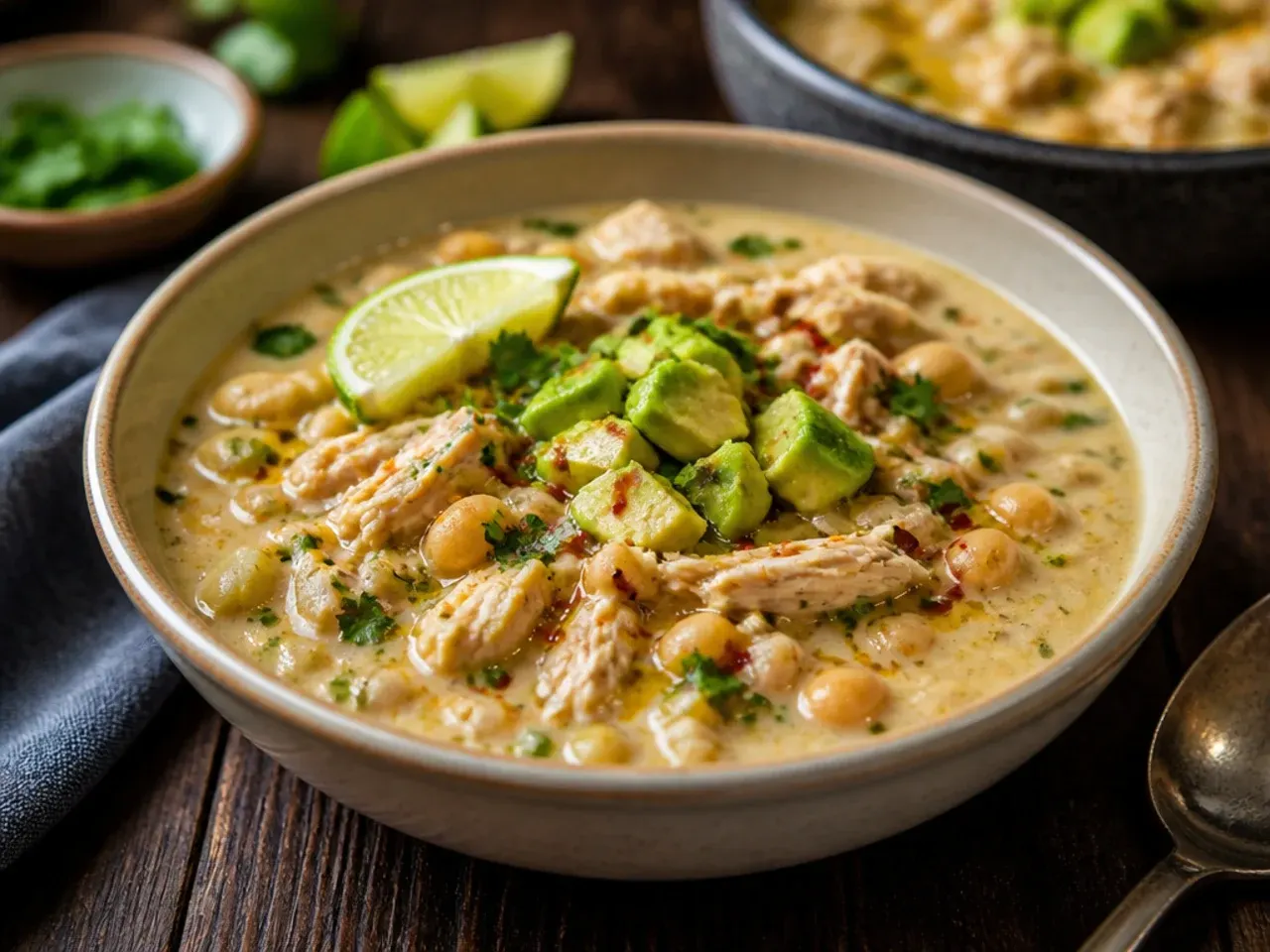 Bowl of white chicken chili made with shredded rotisserie chicken