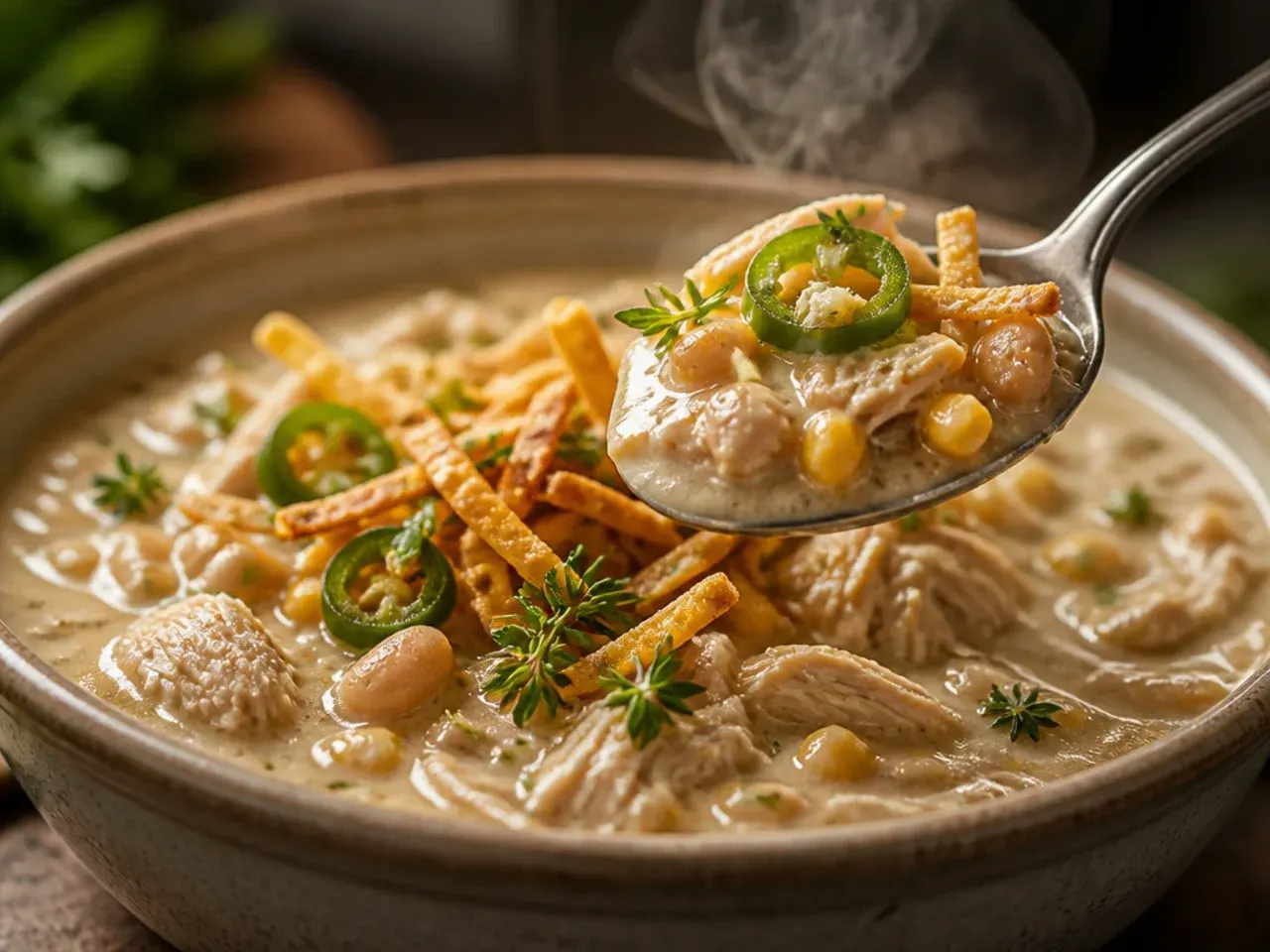 Slow cooker filled with white chicken chili before shredding the chicken