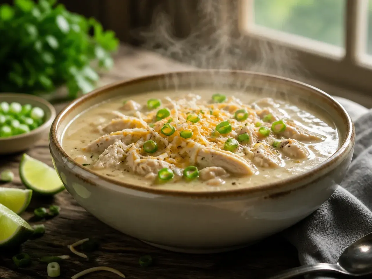 Close-up of extra-creamy white chicken chili with a spoon lifting a thick, silky broth