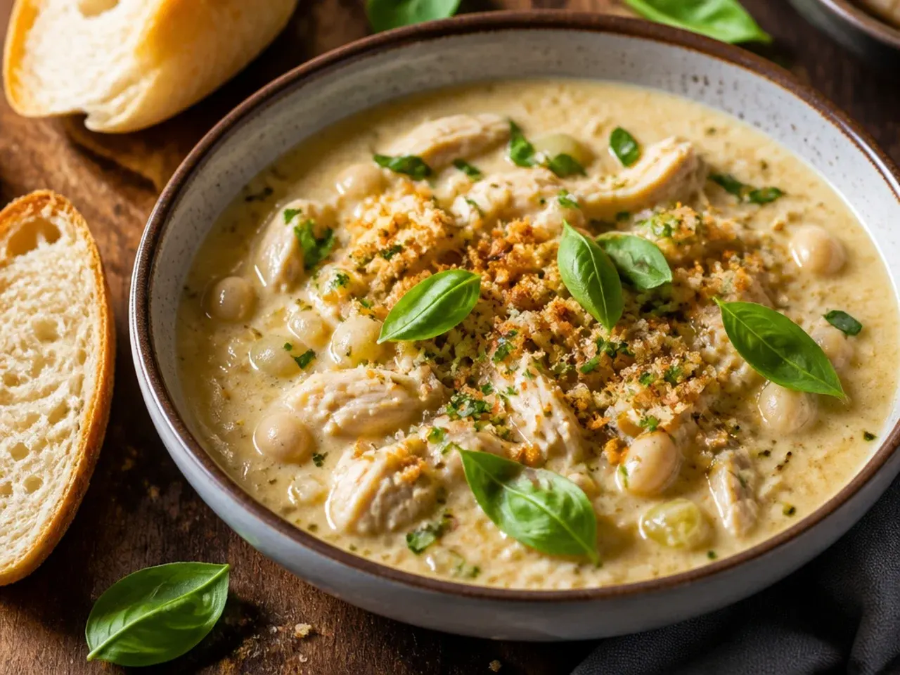 Simple five-ingredient white chicken chili in a stockpot