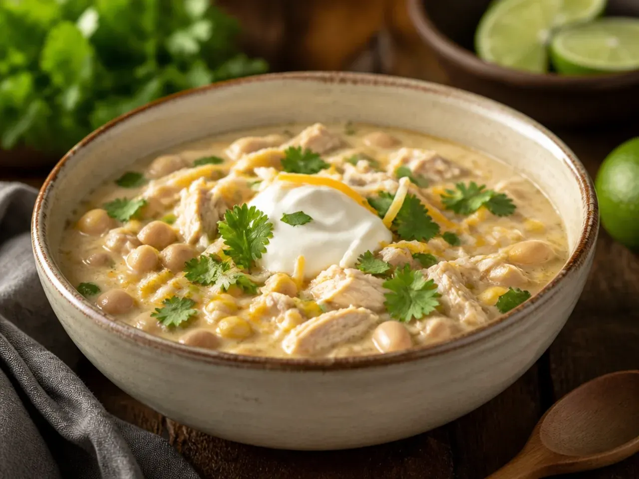 Bowl of cheesy white chicken chili with melted Monterey Jack strings