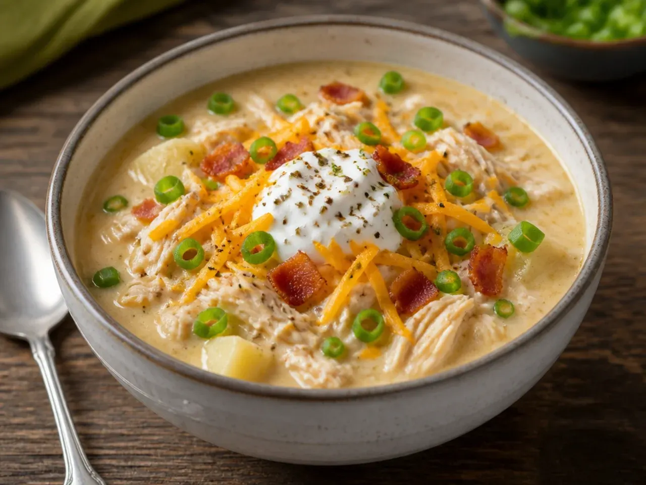Loaded white chicken chili topped with bacon, sour cream and spring onions like a baked potato