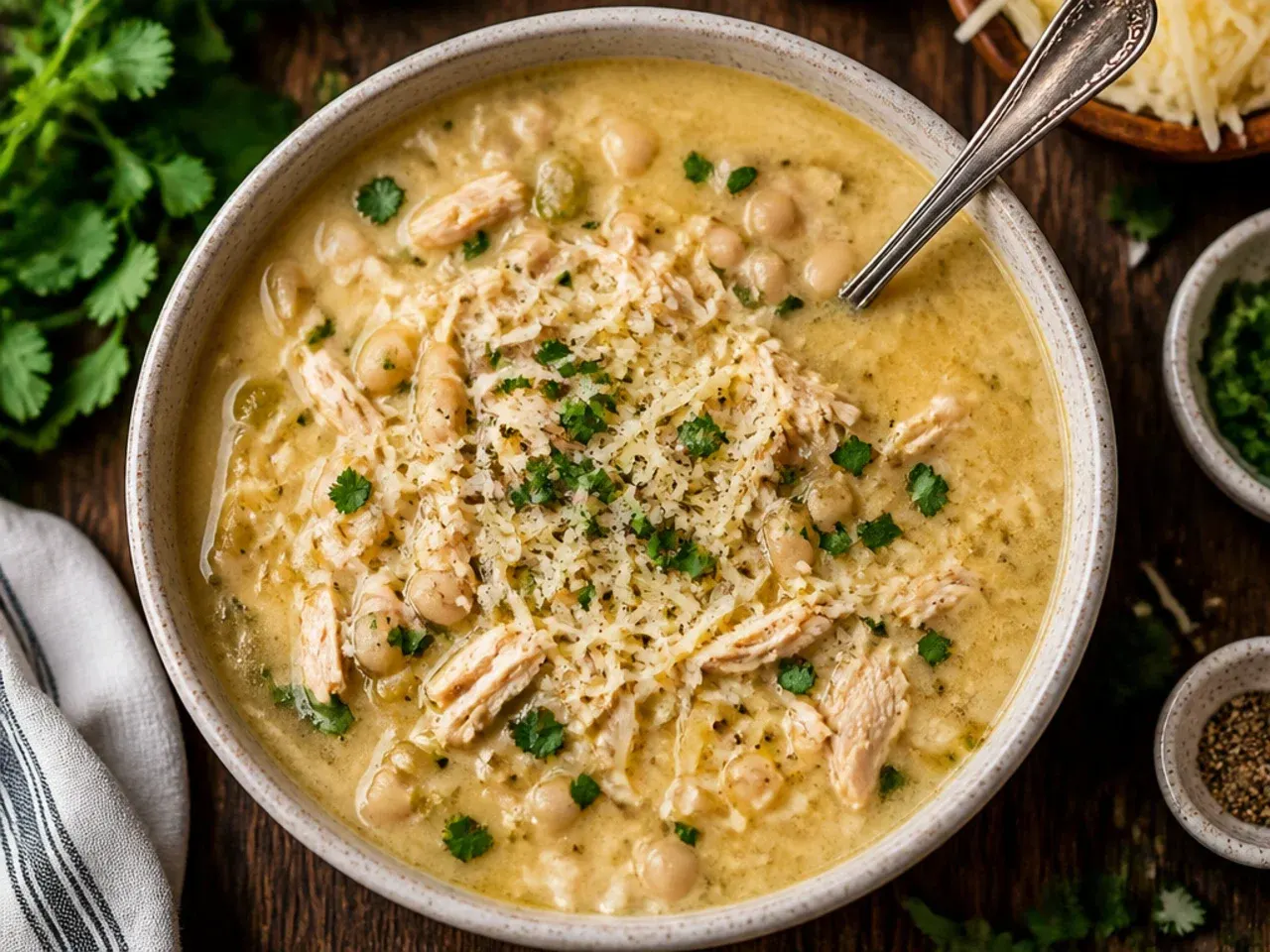 Budget-friendly white chicken chili made with chicken thighs