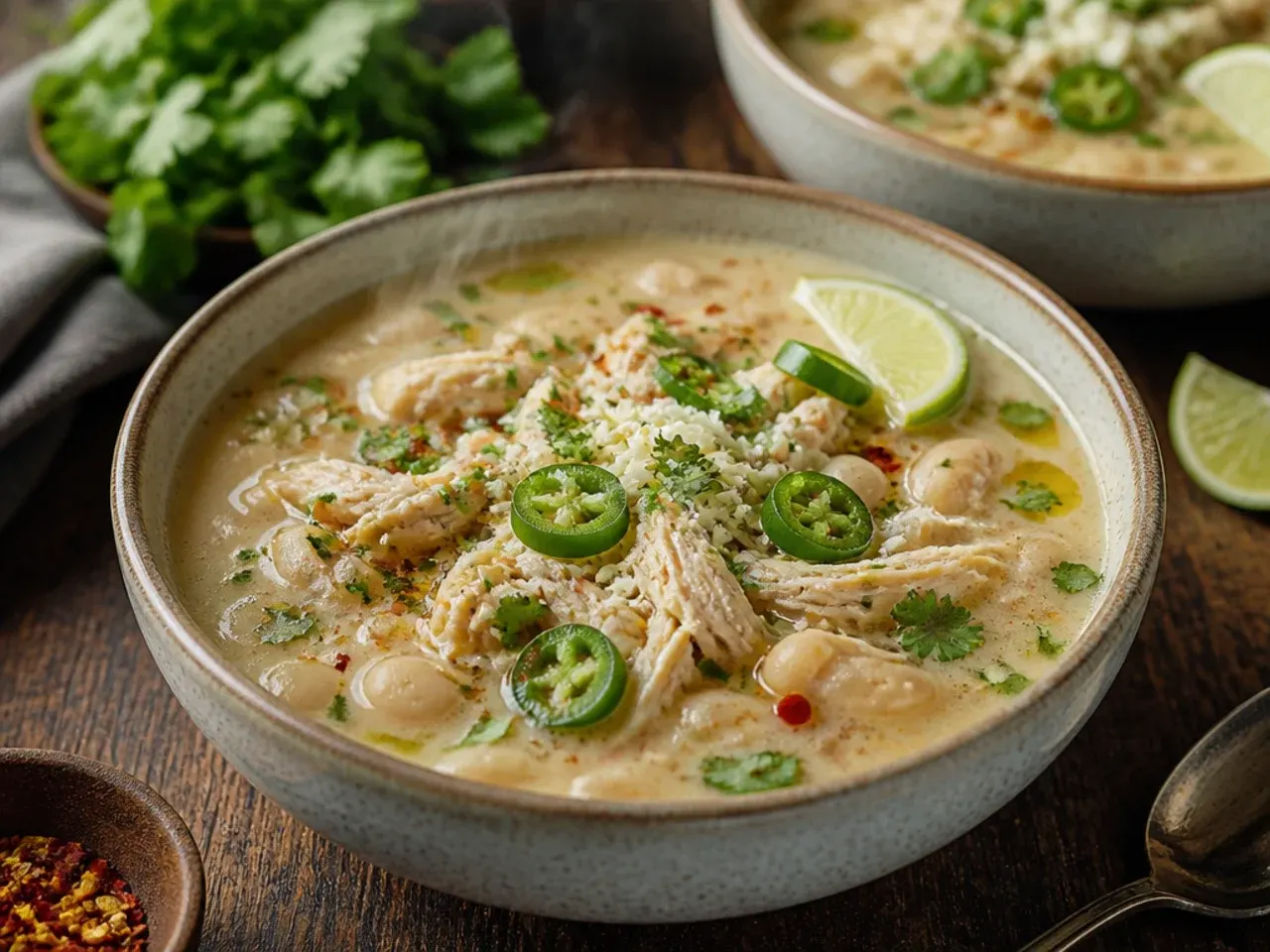 Quick weeknight white chicken chili ready in bowls with toppings on the side