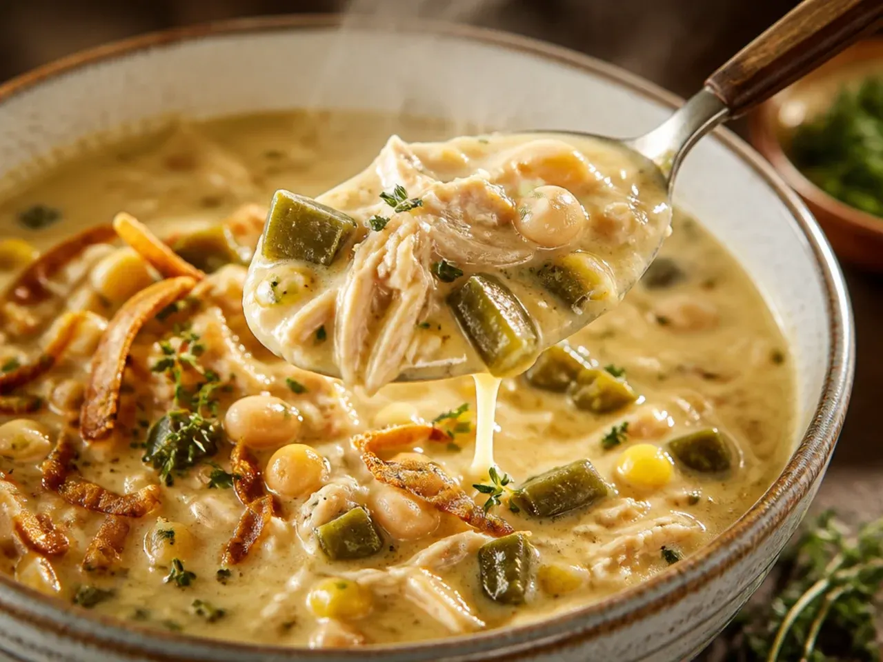 Rustic white chicken chili with charred roasted poblano peppers