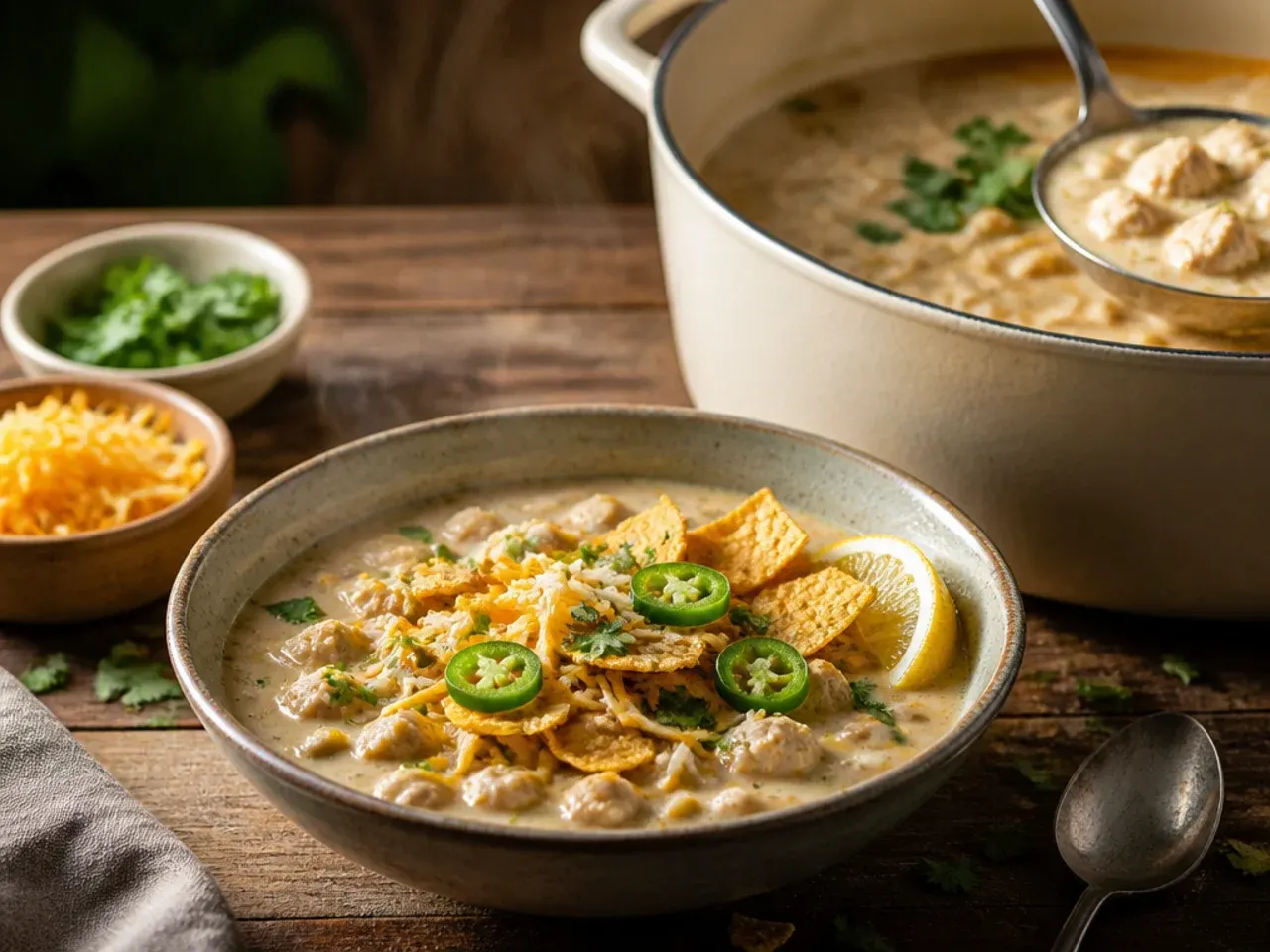 White chicken chili ladled over tortilla chips with melted cheese, nacho style